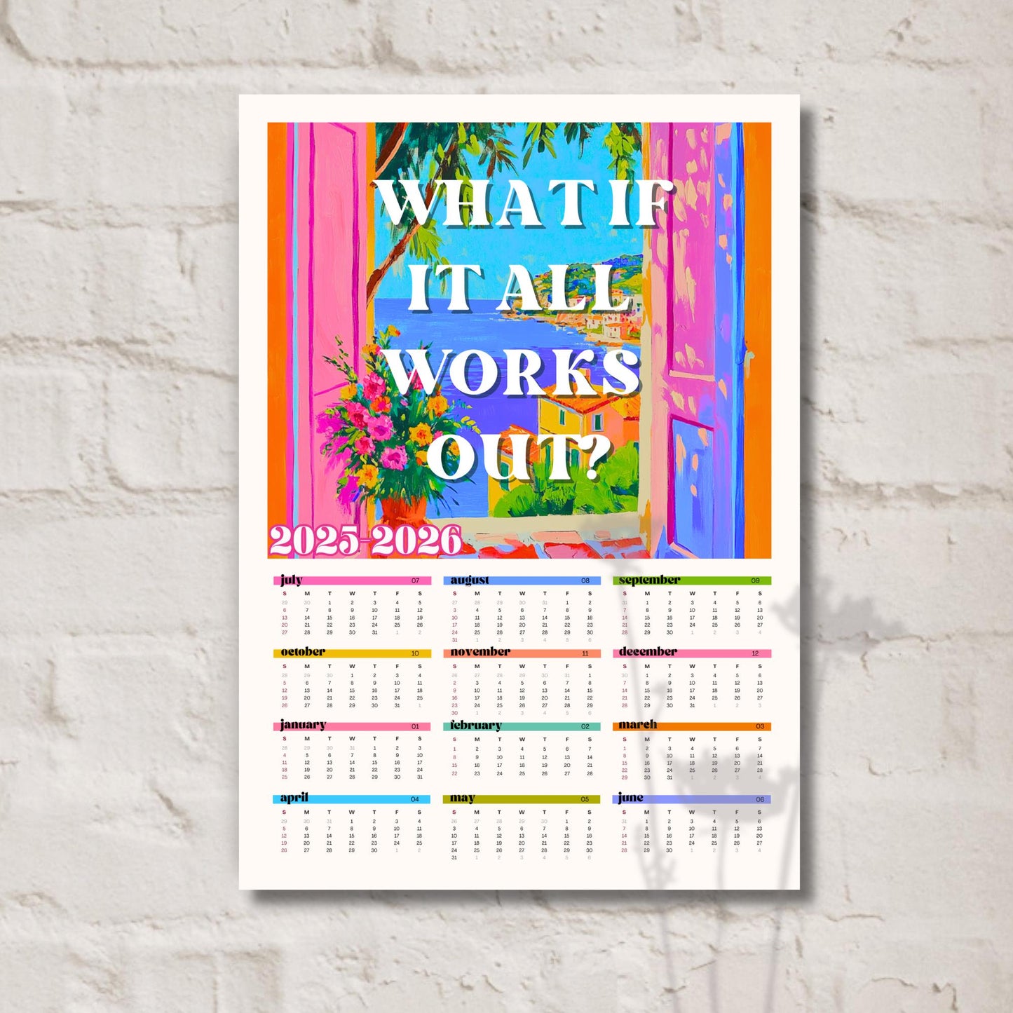 2025–2026 Wall Calendar – What If It All Works Out – Mid Year Academic Calendar – Mediterranean Wall Art