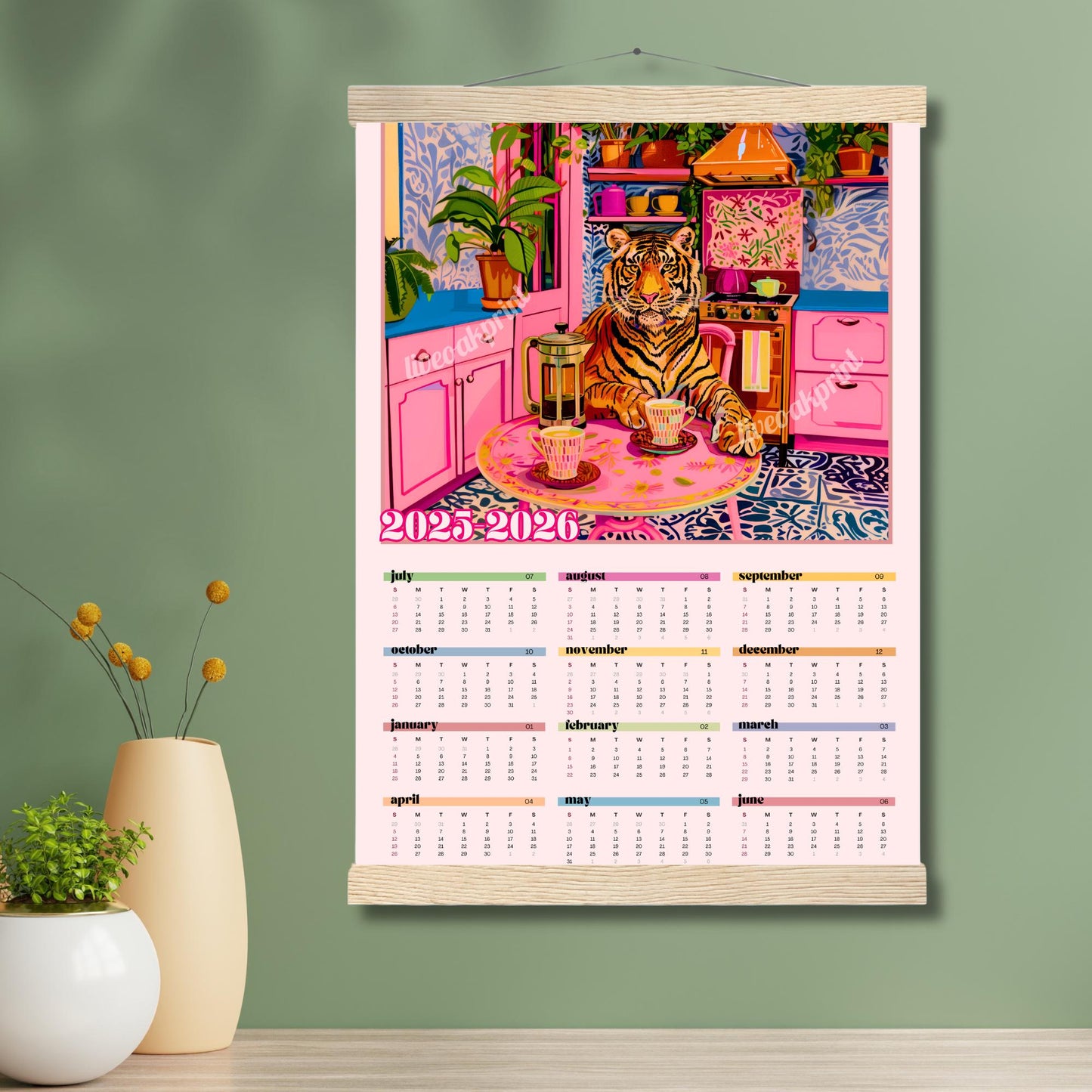 2025–2026 Tiger Calendar – Mid Year Wall Calendar – One Page Kitchen Calendar – Colorful Dopamine Decor – Academic Year at a Glance Planner