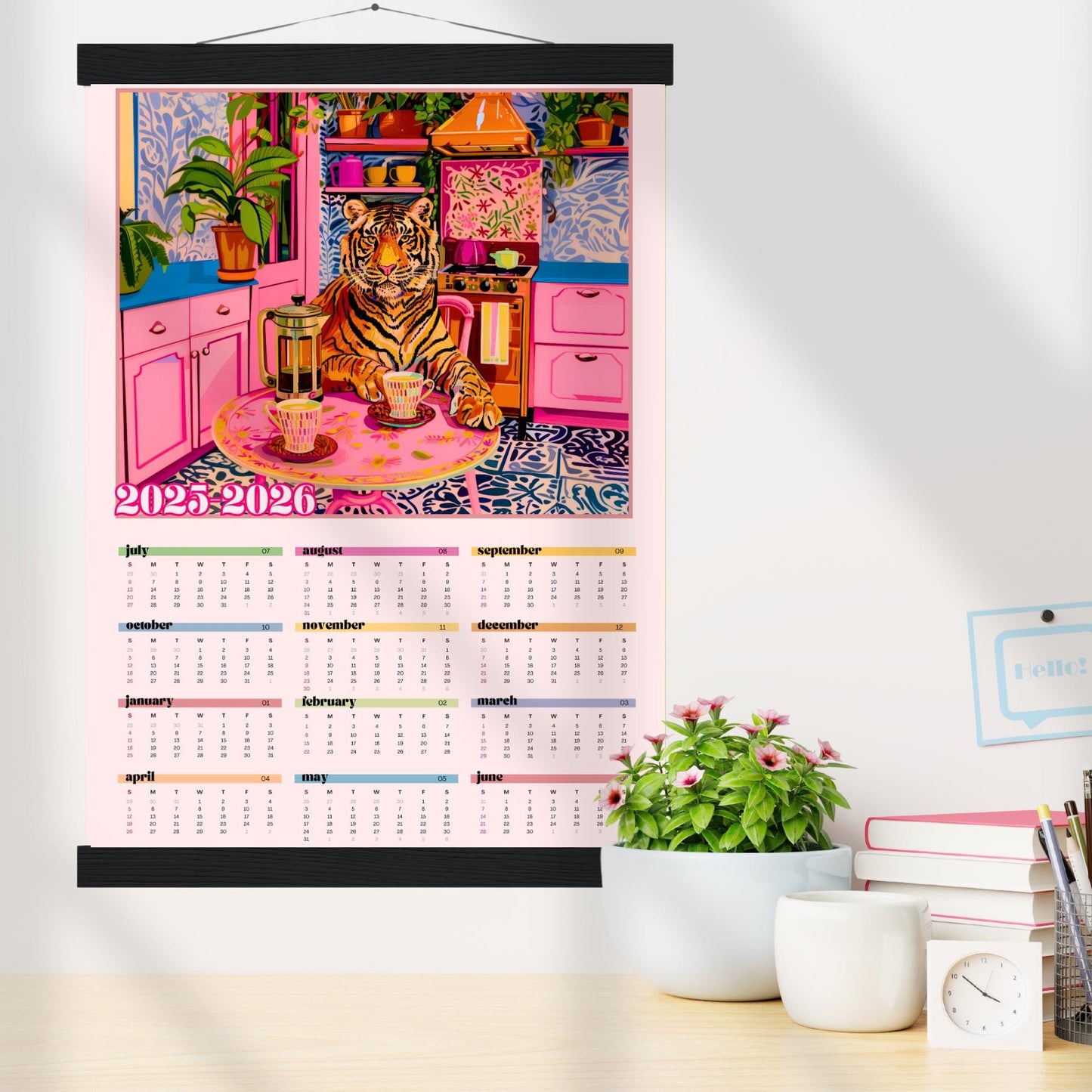 2025–2026 Tiger Calendar – Mid Year Wall Calendar – One Page Kitchen Calendar – Colorful Dopamine Decor – Academic Year at a Glance Planner
