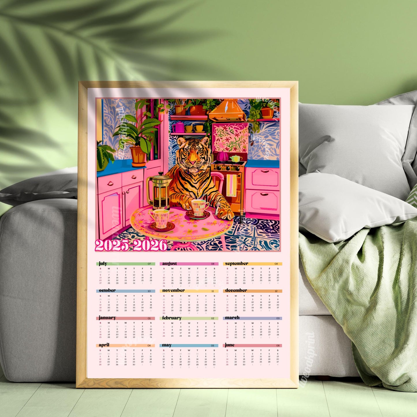 2025–2026 Tiger Calendar – Mid Year Wall Calendar – One Page Kitchen Calendar – Colorful Dopamine Decor – Academic Year at a Glance Planner
