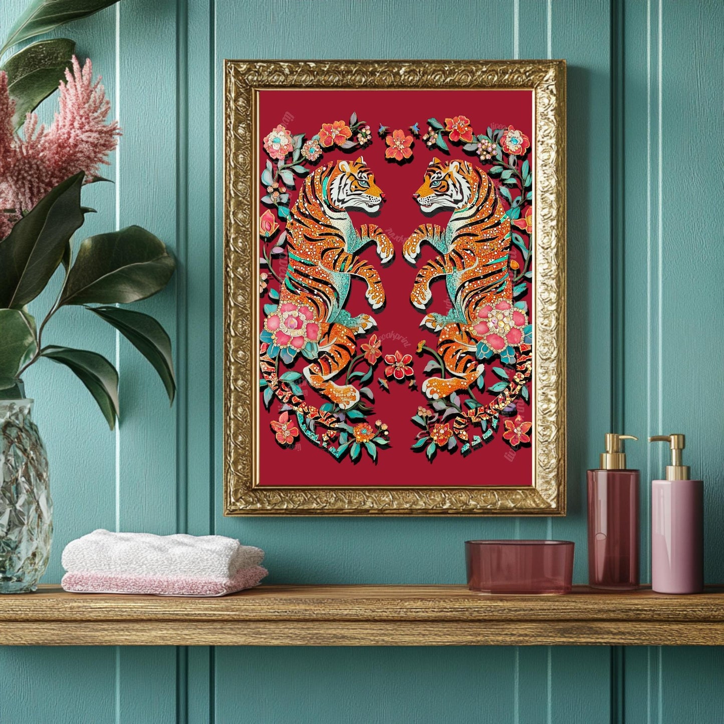 Tiger Wall Art - Dopamine Decor Living Room Red Wall Print Red Home Decor Y2k Art Print Vintage Tiger Poster Maximalist Red Canvas Wall Art