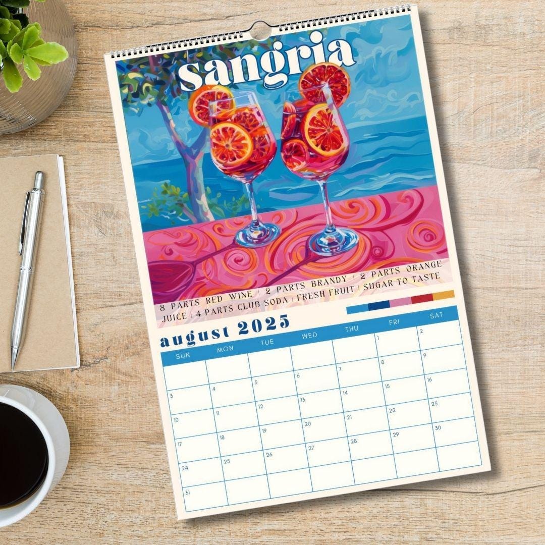 2025–2026 Cocktail Calendar | Midyear Monthly Recipe Calendar | Cocktail Art Print | Home Bar Decor | Mixology Gift for Bartenders