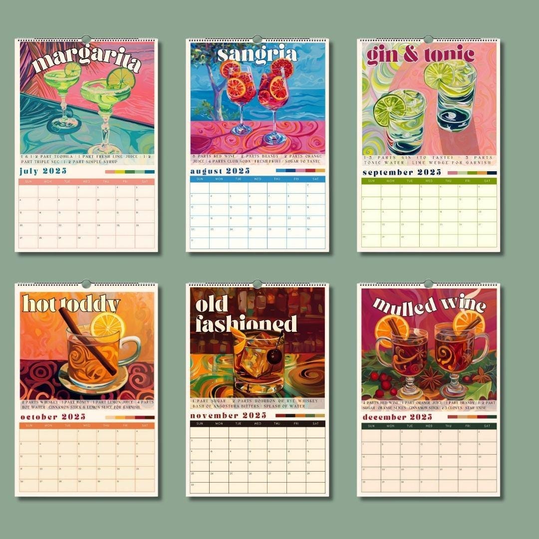 2025–2026 Cocktail Calendar | Midyear Monthly Recipe Calendar | Cocktail Art Print | Home Bar Decor | Mixology Gift for Bartenders