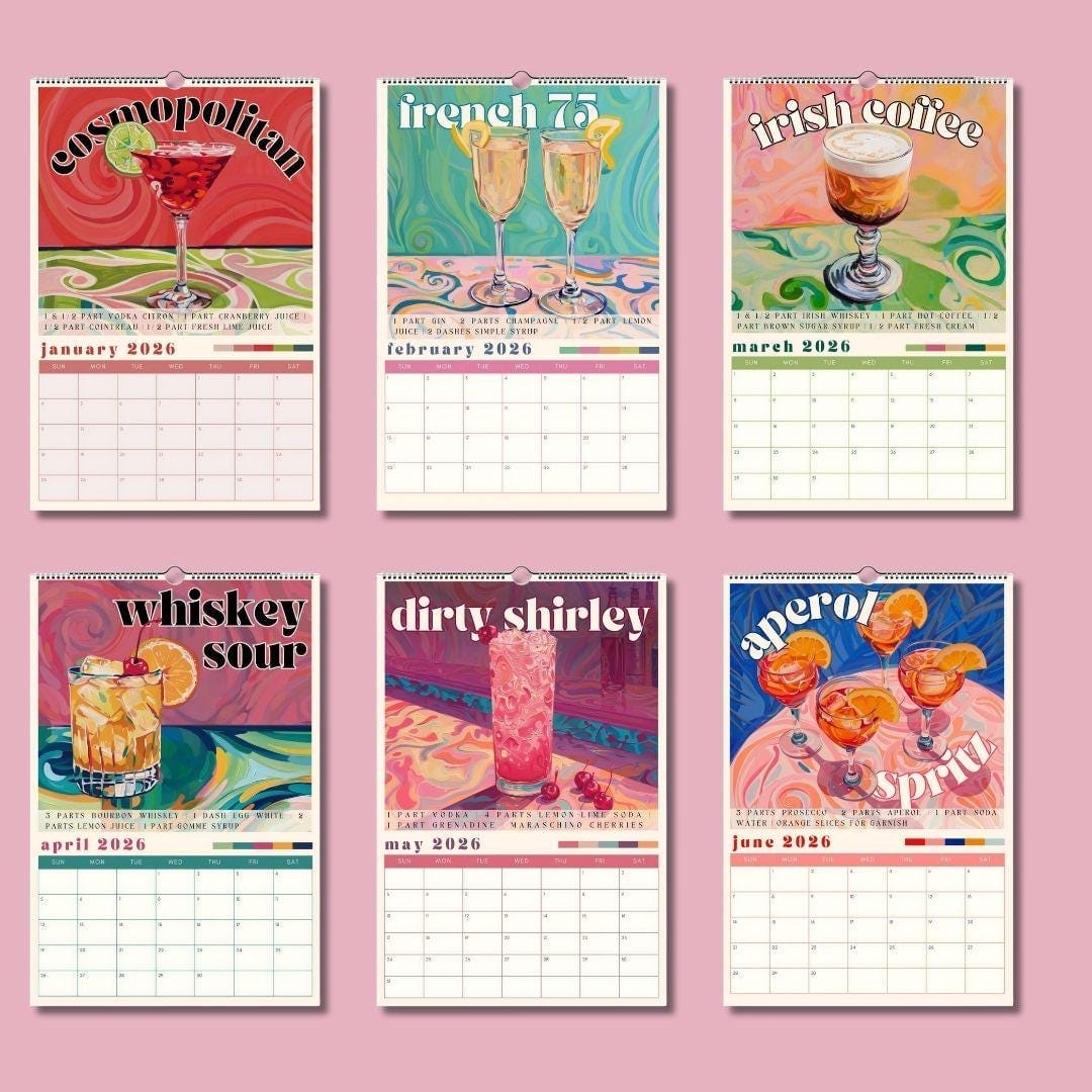 2025–2026 Cocktail Calendar | Midyear Monthly Recipe Calendar | Cocktail Art Print | Home Bar Decor | Mixology Gift for Bartenders