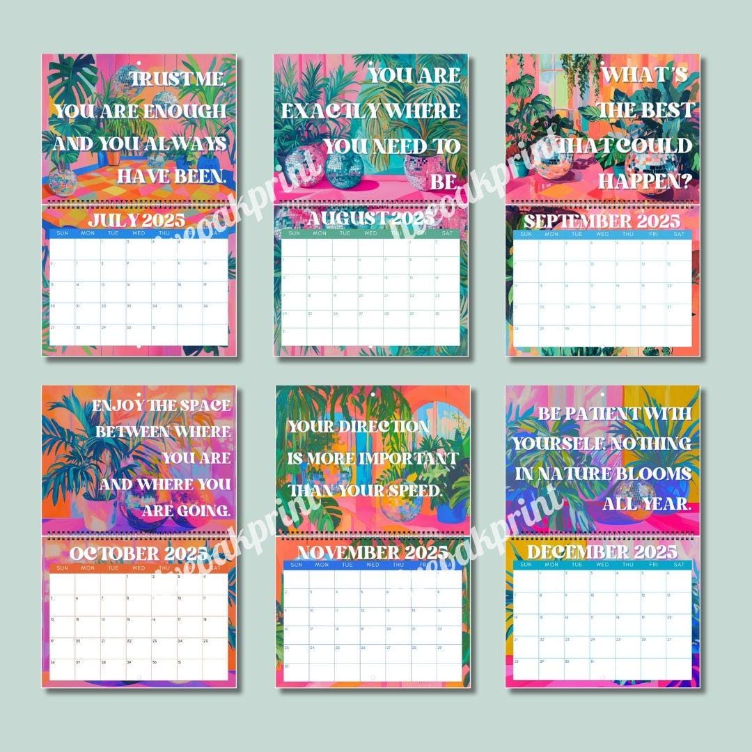 2025 Midyear Inspirational Calendar – July Start Wall Calendar – Mid Year Motivational Planner – Disco & Botanical Decor – Home or Office