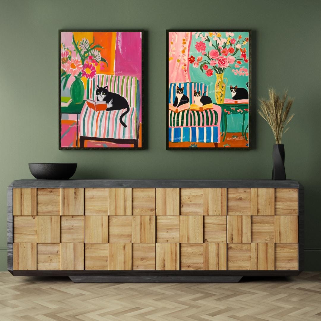 Tuxedo Cat Reading Art Prints – Bookish Cat Wall Art Set – Colorful Cat Lover Decor – Bold Coquette Library Aesthetic – Striped Chair Art