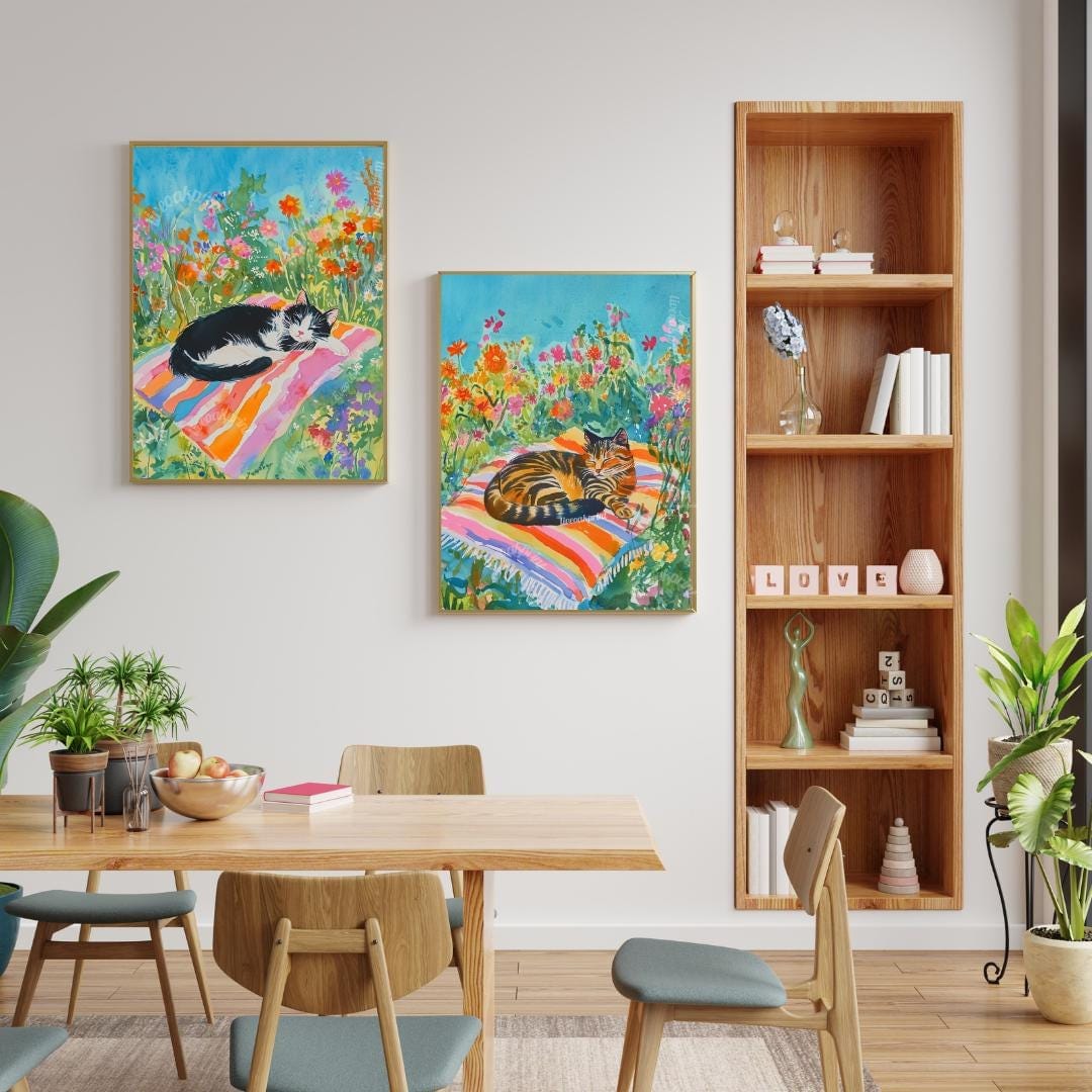 Garden Cat Wall Art Set – Floral Nap Time Cat Prints – Tuxedo Cat and Tabby Cat Cottagecore Decor – Cat Lover Gift – Cozy Cat Bedroom Art