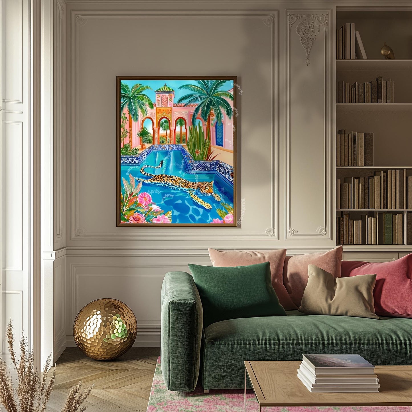 Leopard Wall Art – Colorful Jungle Animal Print – Tropical Pool Decor – Moroccan Architecture Art – Exotic Cat Wall Art – Boho Maximalist