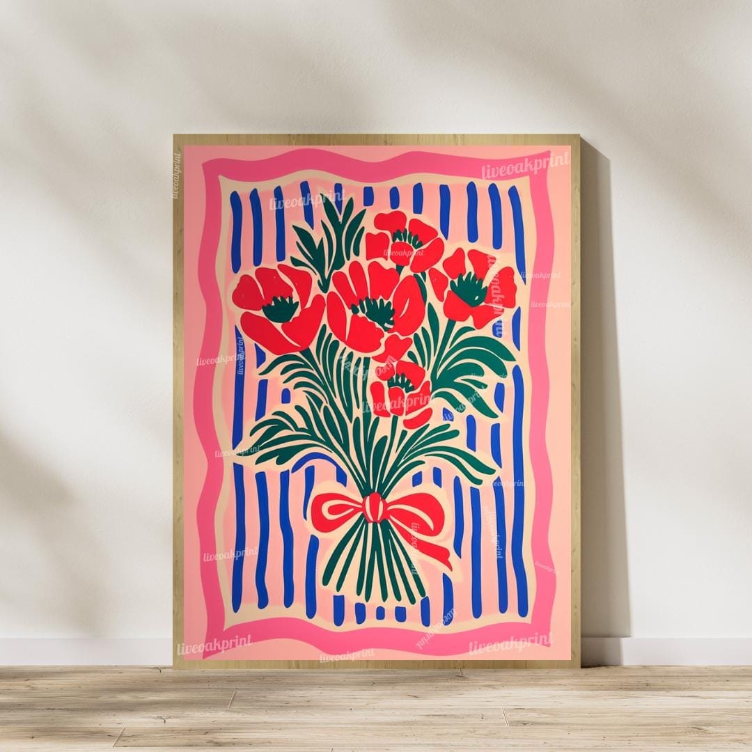 Red and Pink Floral Wall Art Set of 2 – Pink and Blue Flower Prints Boho Botanical Wall Decor Coquette Bedroom Art Bold Maximalist Decor