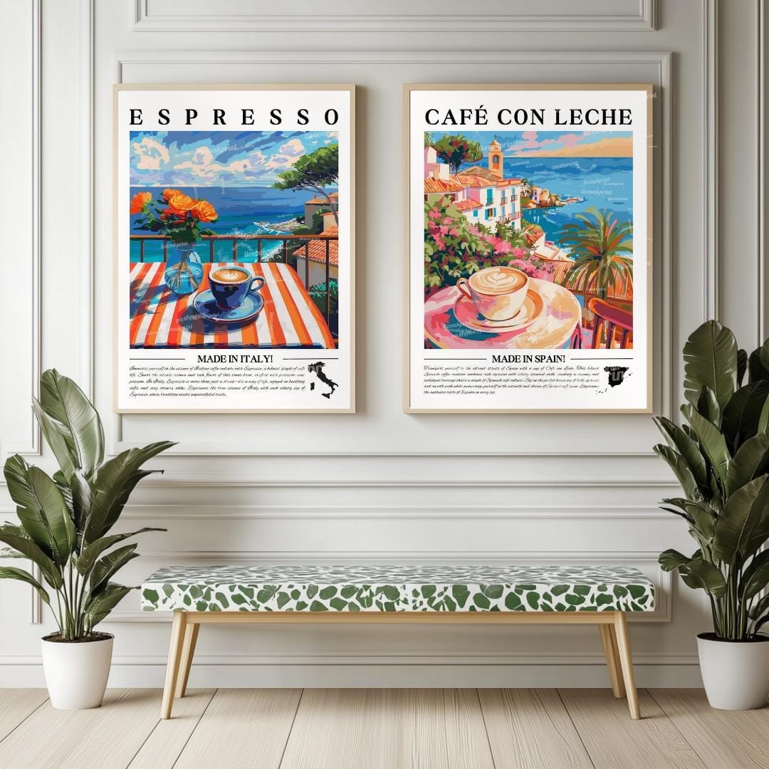 Set of 2 Coffee Prints – Framed, Unframed, or Canvas – Coffee Wall Art Set Kitchen Decor for Coffee Lovers Cafe Art Coffee Bar Prints