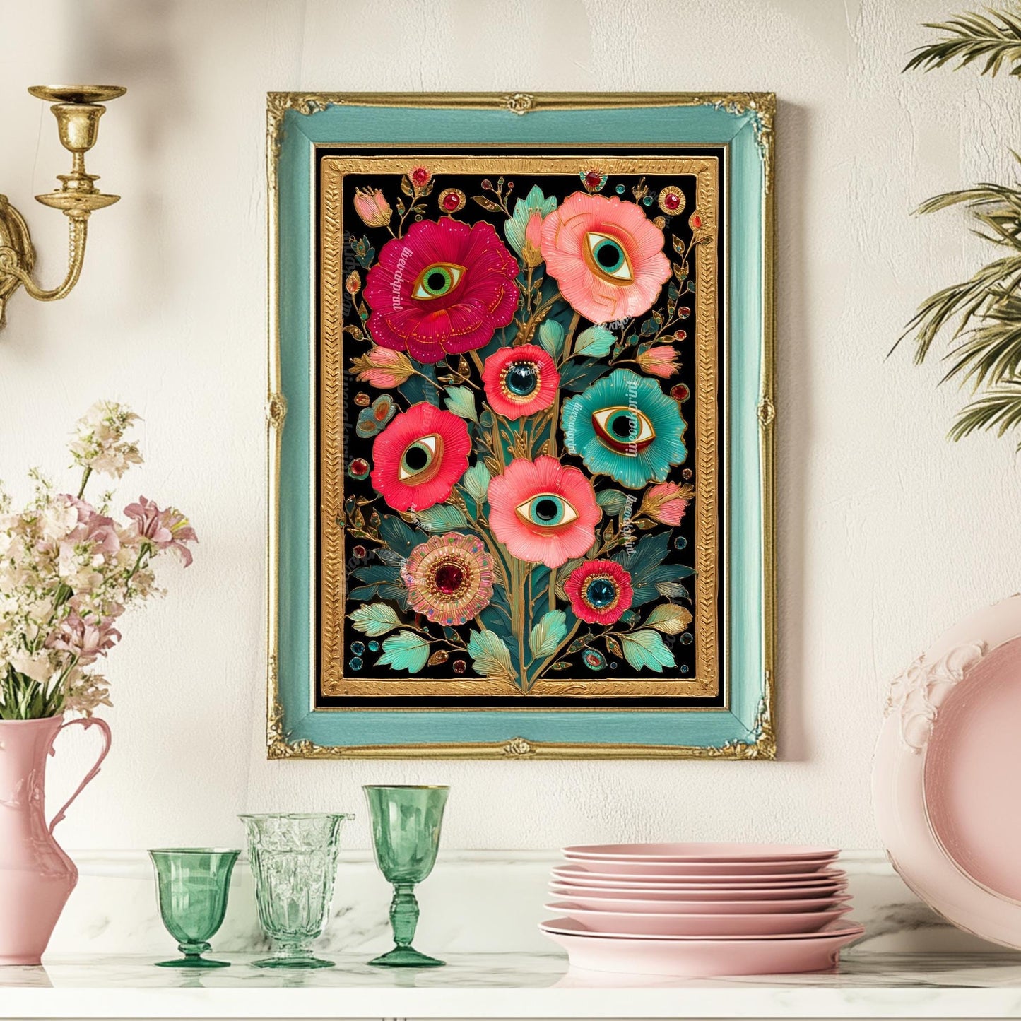 Surreal Flower Eye Art Print – Trippy Flower Wall Art Maximalist Decor Witchy Surrealism Botanical Poster Boho Funky Psychedelic Wall Art