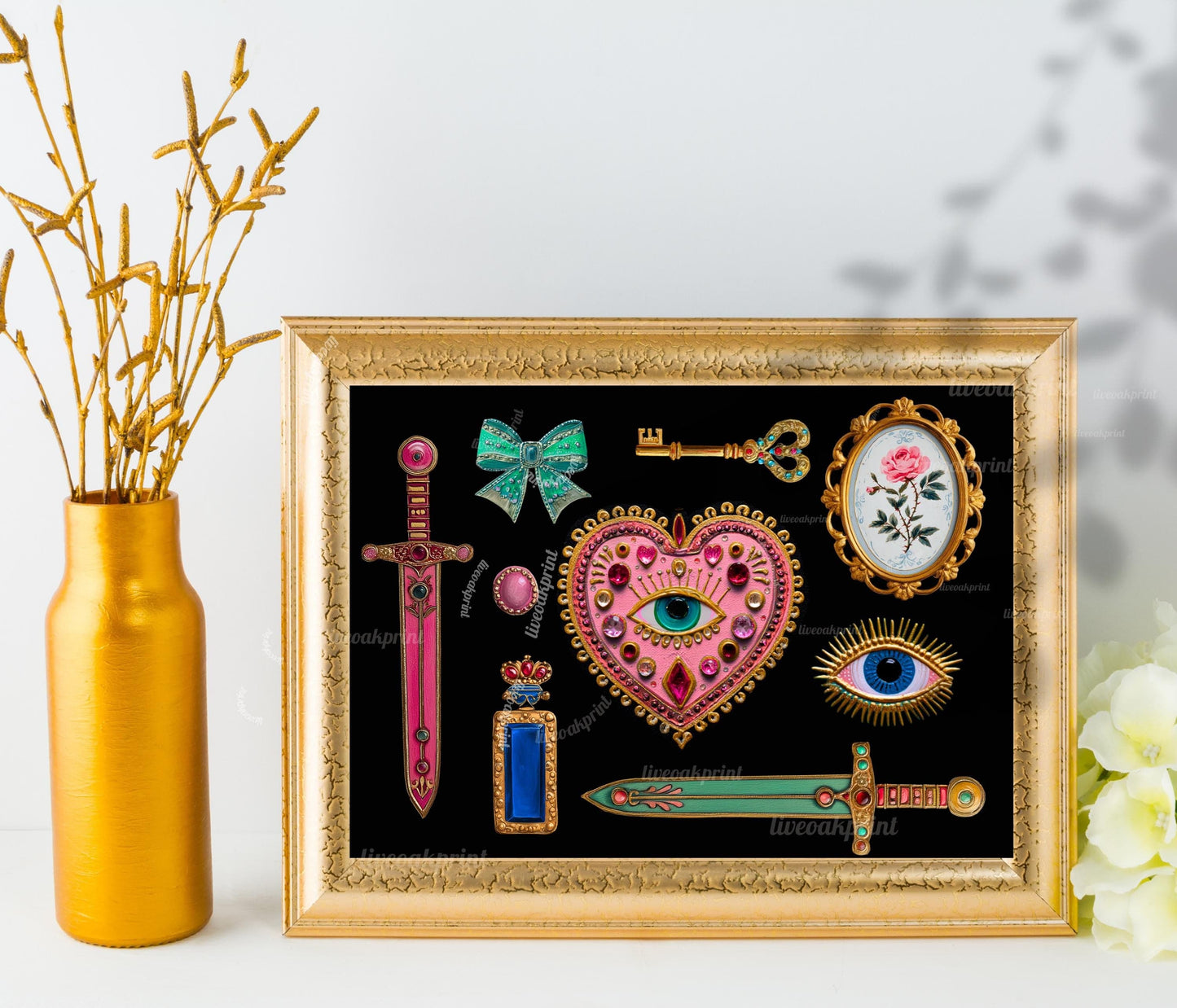Horizontal Surrealist Art Print – Pink and Green Eye Heart Wall Art Jeweled Collage Decor Maximalist Coquette Print Retro Chic Artwork
