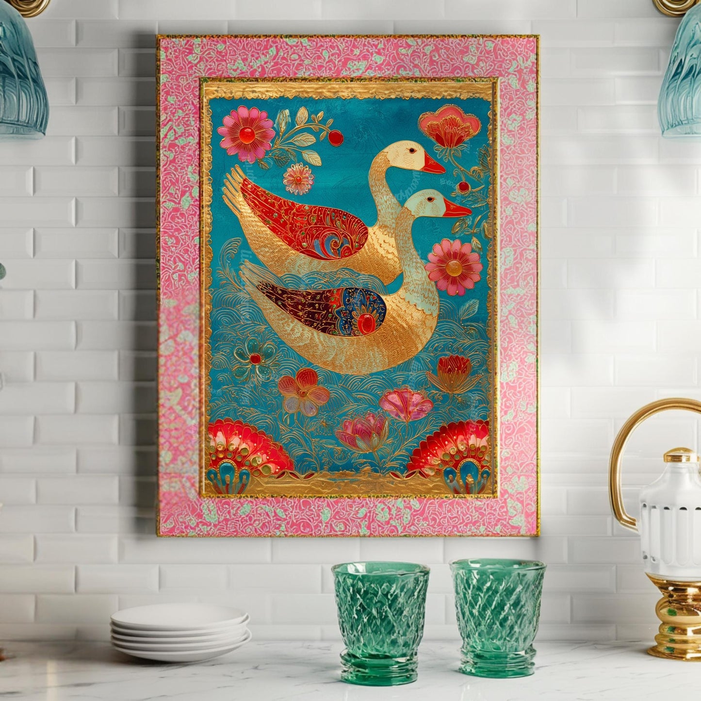 Whimsical Bird Wall Art – Turquoise and Gold Surreal Print, Maximalist Floral Decor, Folk-Inspired Goose Art for Eclectic Gallery Walls