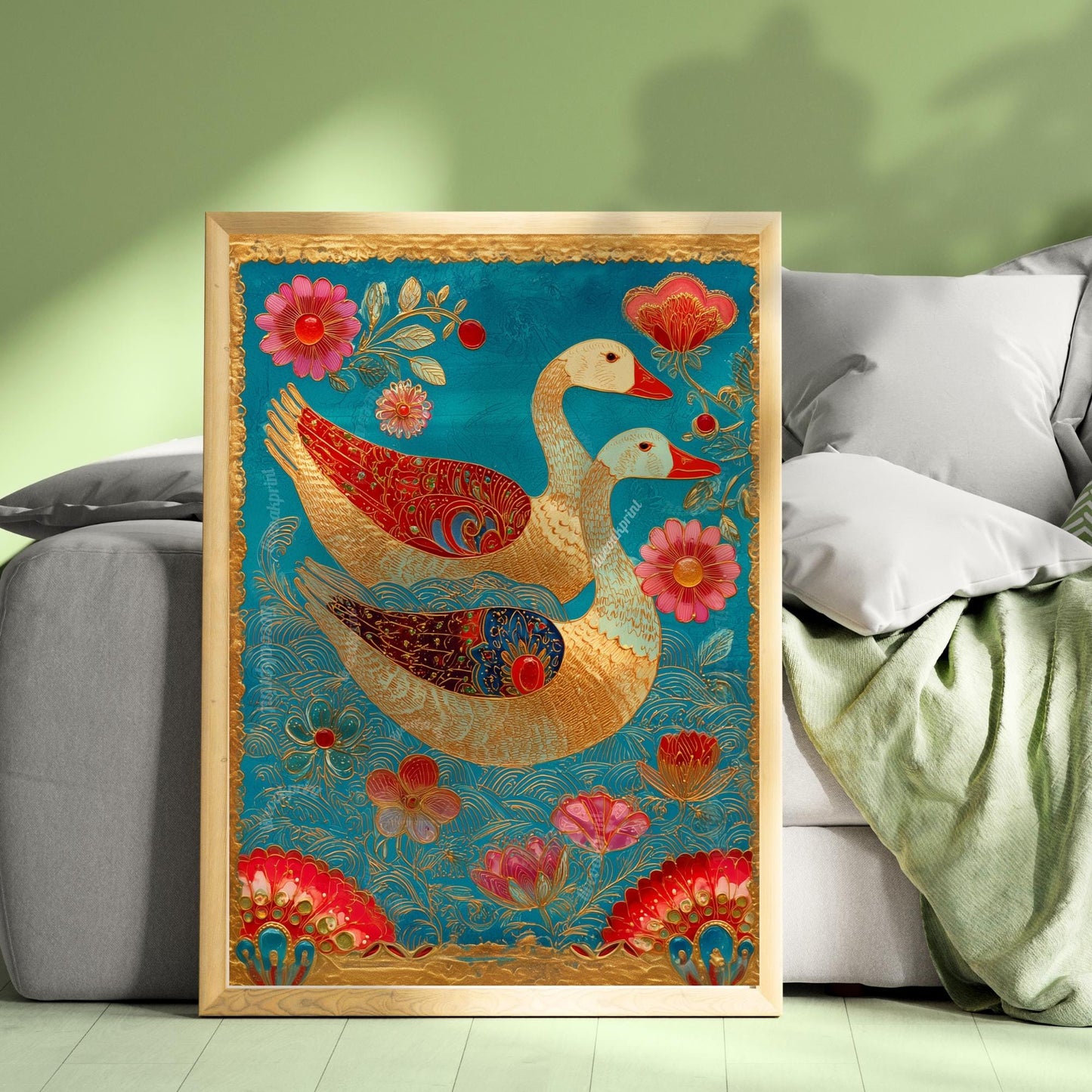 Whimsical Bird Wall Art – Turquoise and Gold Surreal Print, Maximalist Floral Decor, Folk-Inspired Goose Art for Eclectic Gallery Walls
