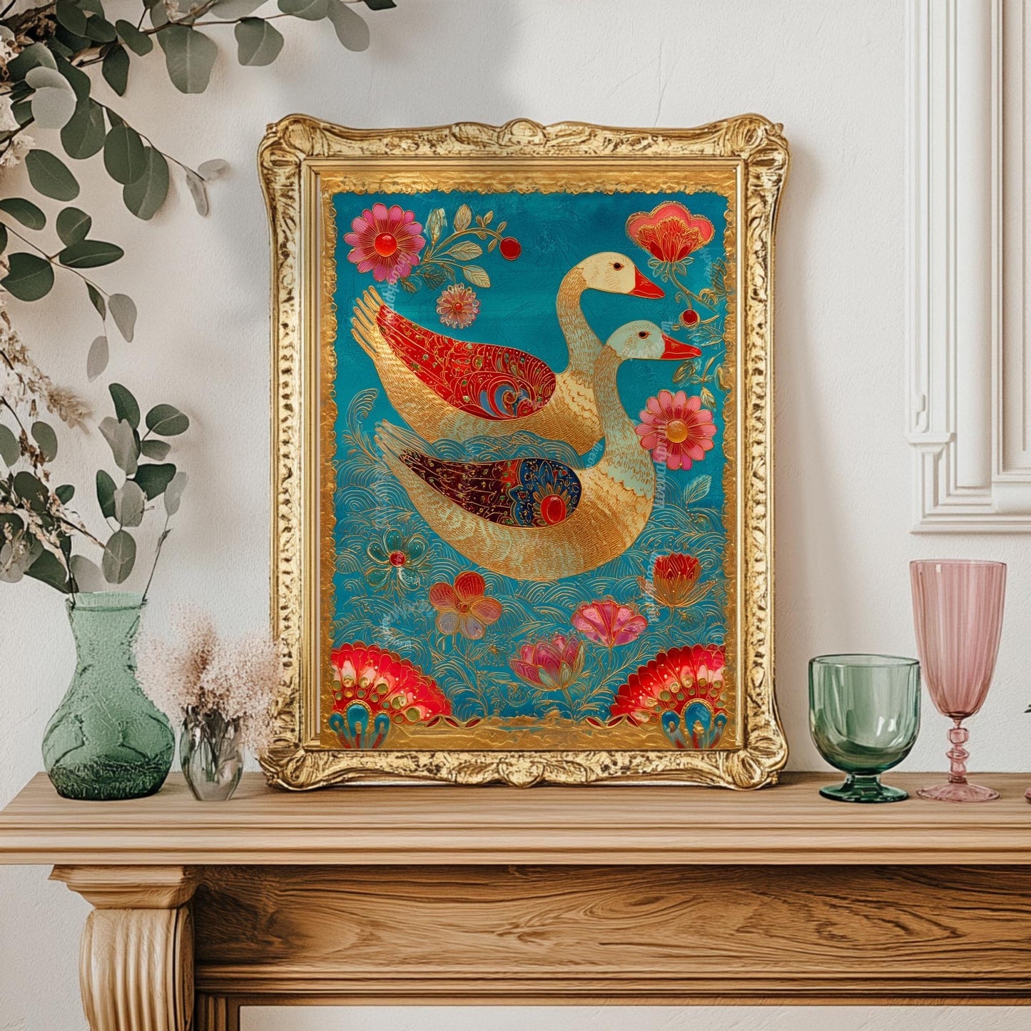 Whimsical Bird Wall Art – Turquoise and Gold Surreal Print, Maximalist Floral Decor, Folk-Inspired Goose Art for Eclectic Gallery Walls