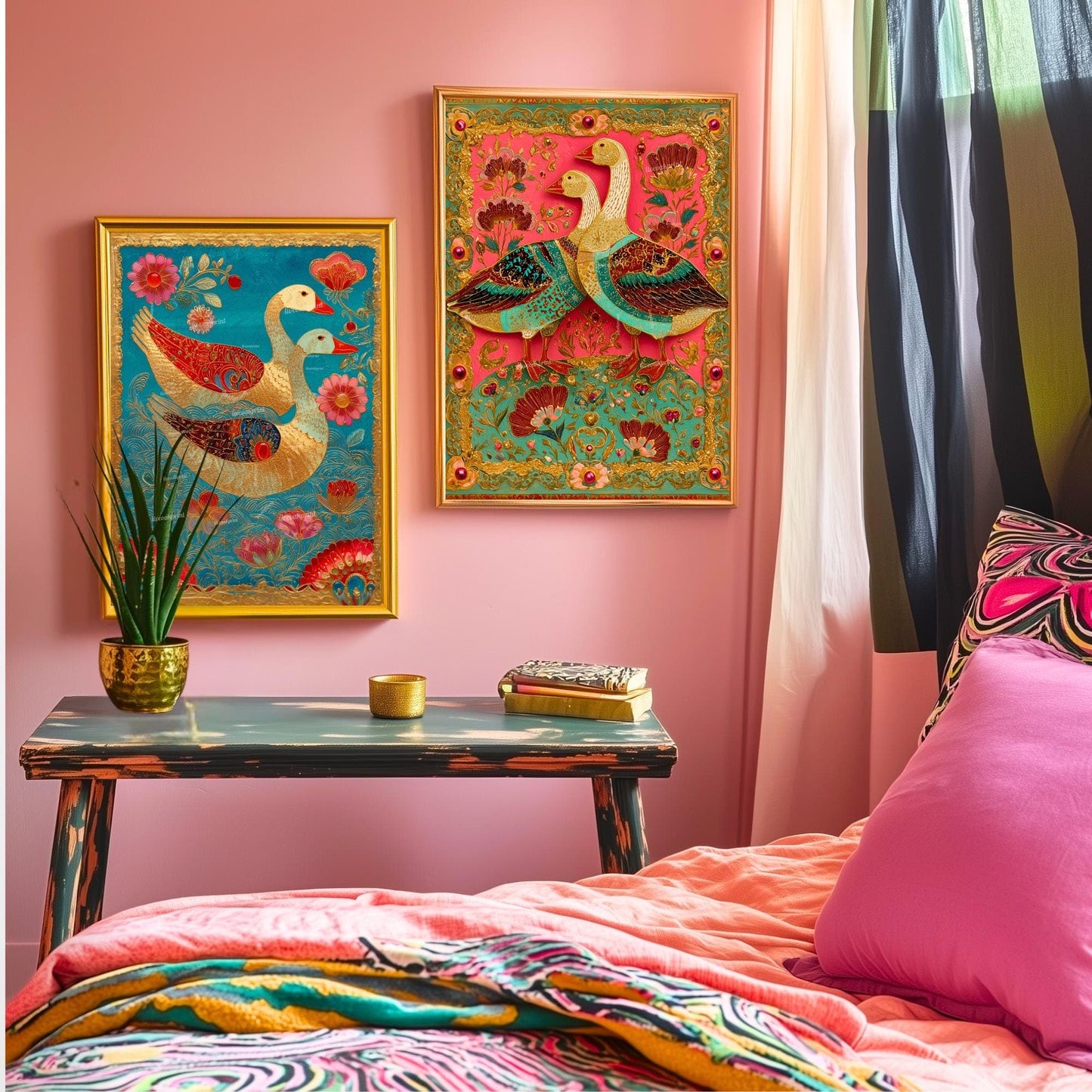 Whimsical Bird Wall Art – Turquoise and Gold Surreal Print, Maximalist Floral Decor, Folk-Inspired Goose Art for Eclectic Gallery Walls