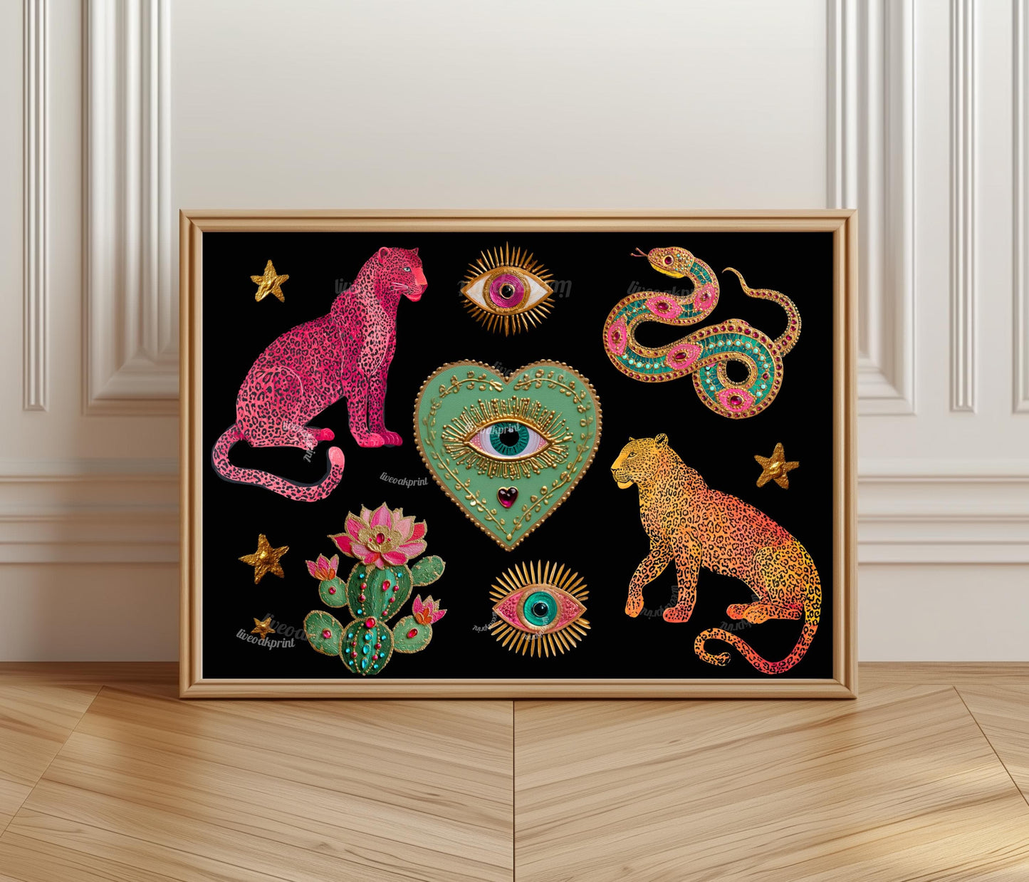 Surreal Wall Art Print – Pink Leopard Snake Eye Heart Print Dark Boho Wall Art Southwestern Cactus Decor Horizontal Art Print Psychedelic