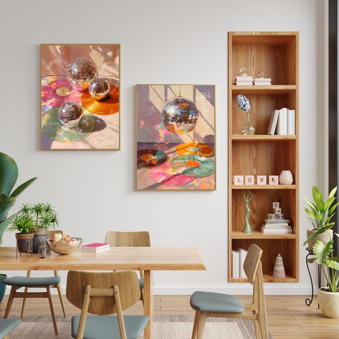Disco Ball and Records Wall Art Set of 2 Prints – Funky Maximalist Wall Art Retro Wall Decor Gift For Record Lover Disco Ball Music Art