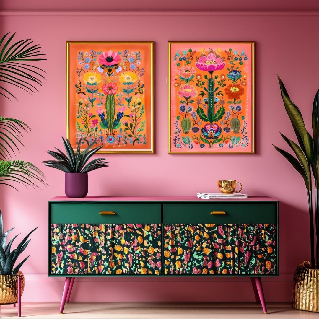 Set of Two Vibrant Mexican Cactus Wall Art – Folk-Style Desert Print Colorful Pink & Orange Maximalist Décor for Southwestern or Boho Homes