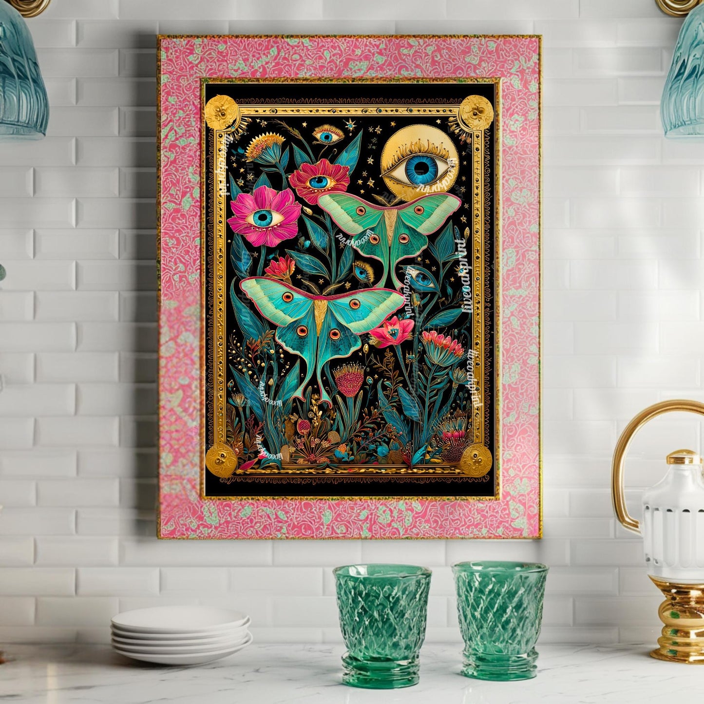 Luna Moth Eye Art Print – Dark Academia Wall Art Surreal Maximalist Wall Art Witchy Garden Decor Lunar Moth Art Celestial Gothic Print