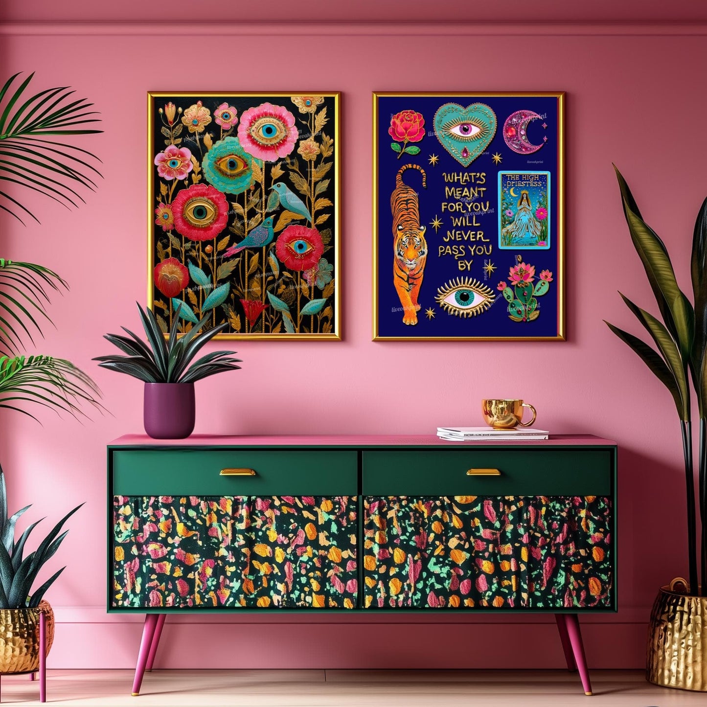 Surreal Flower Eye and Birds Art Print– Gold Botanical Wall Art with Birds, Mystical Garden Decor, Trippy Boho Print for Living Room Bedroom