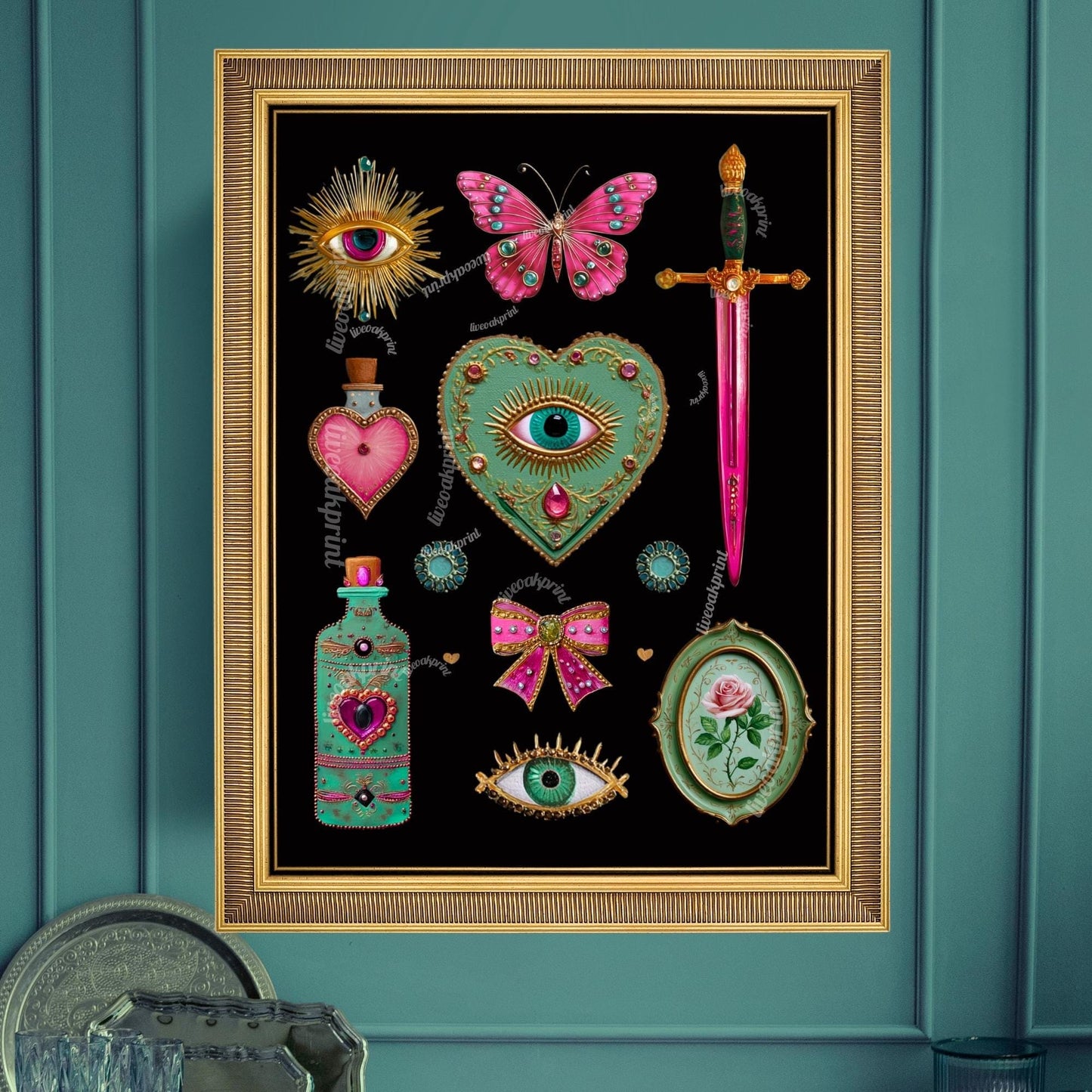 Surreal Pink and Green Wall Art – Jeweled Collage Print with Eyes, Heart, Sword, and Rose – Maximalist Coquette Decor Trippy Eclectic Art