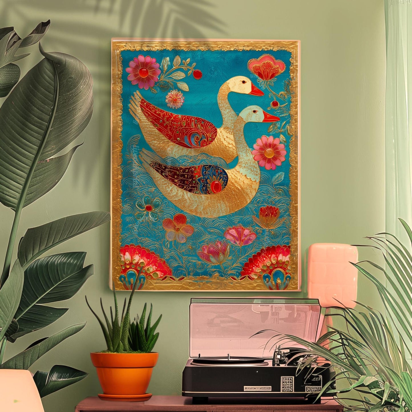 Whimsical Bird Wall Art – Turquoise and Gold Surreal Print, Maximalist Floral Decor, Folk-Inspired Goose Art for Eclectic Gallery Walls