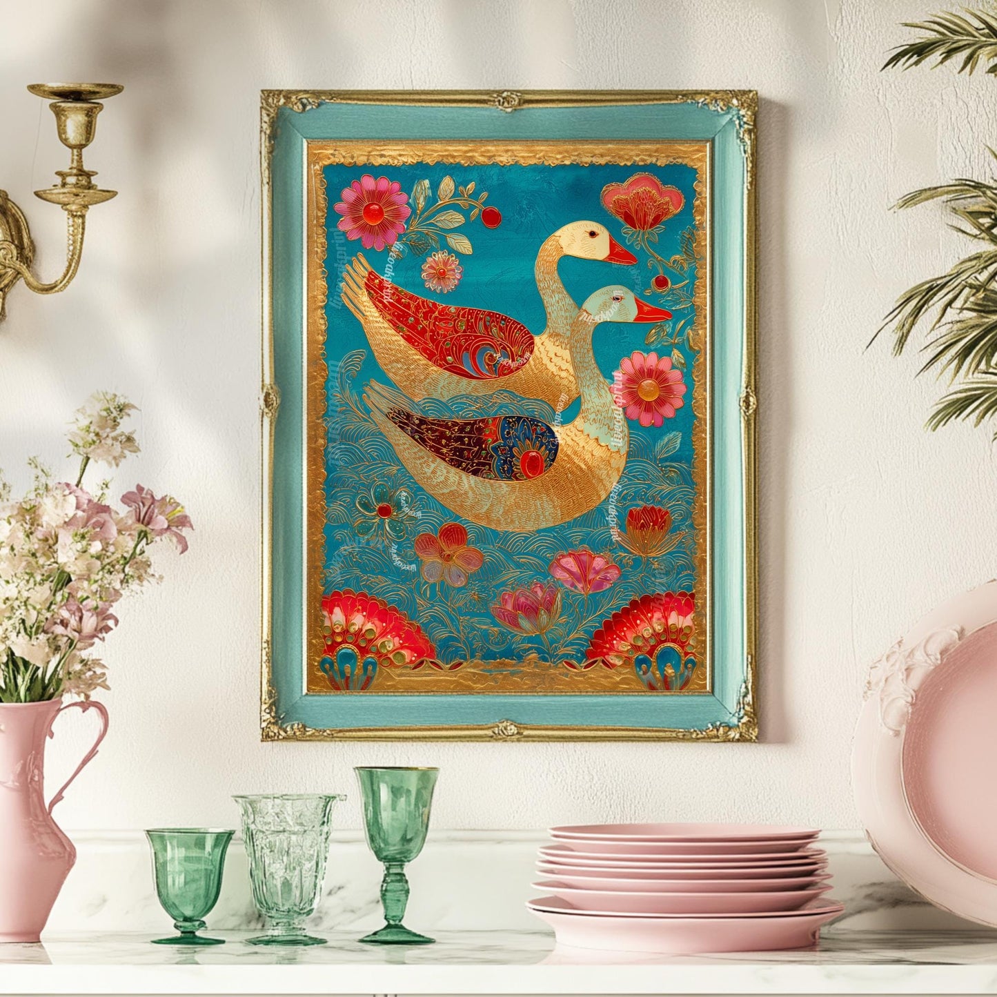 Whimsical Bird Wall Art – Turquoise and Gold Surreal Print, Maximalist Floral Decor, Folk-Inspired Goose Art for Eclectic Gallery Walls