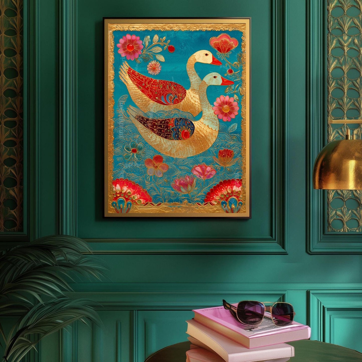 Whimsical Bird Wall Art – Turquoise and Gold Surreal Print, Maximalist Floral Decor, Folk-Inspired Goose Art for Eclectic Gallery Walls