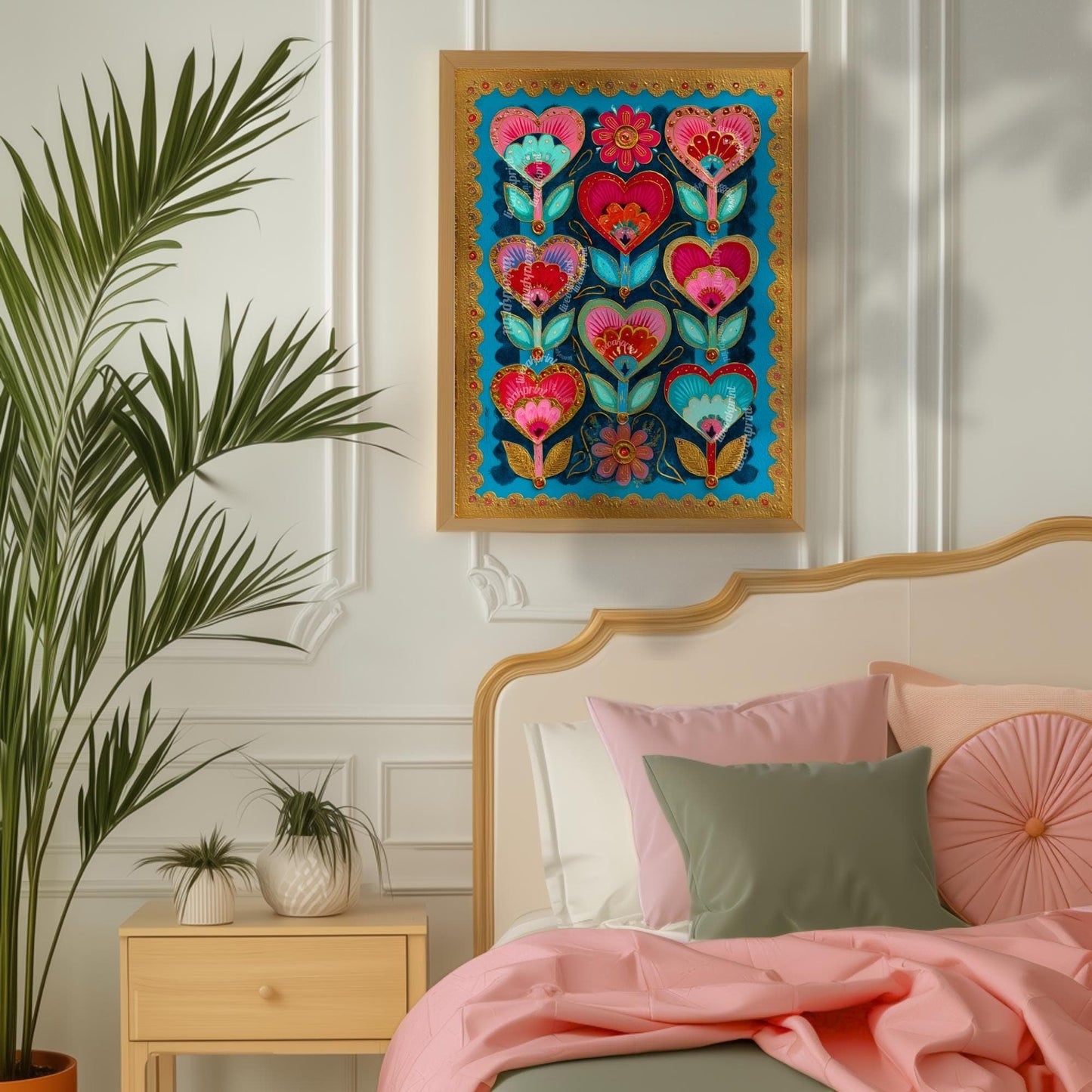 Colorful Heart Flower Wall Art – Pink and Teal Folk Floral Print, ScandinavianMaximalist Home Decor, Whimsical Boho Bedroom Artwork
