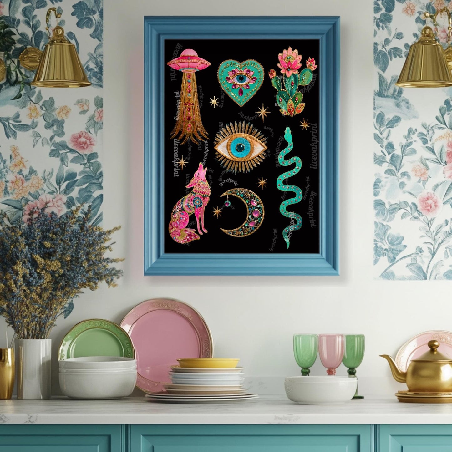 Witchy Boho Wall Art Print – UFO Wall Art Snake Art Print Coyote Wall Decor Moon Art Eye Print Southwestern Wall Art Surreal Home Decor