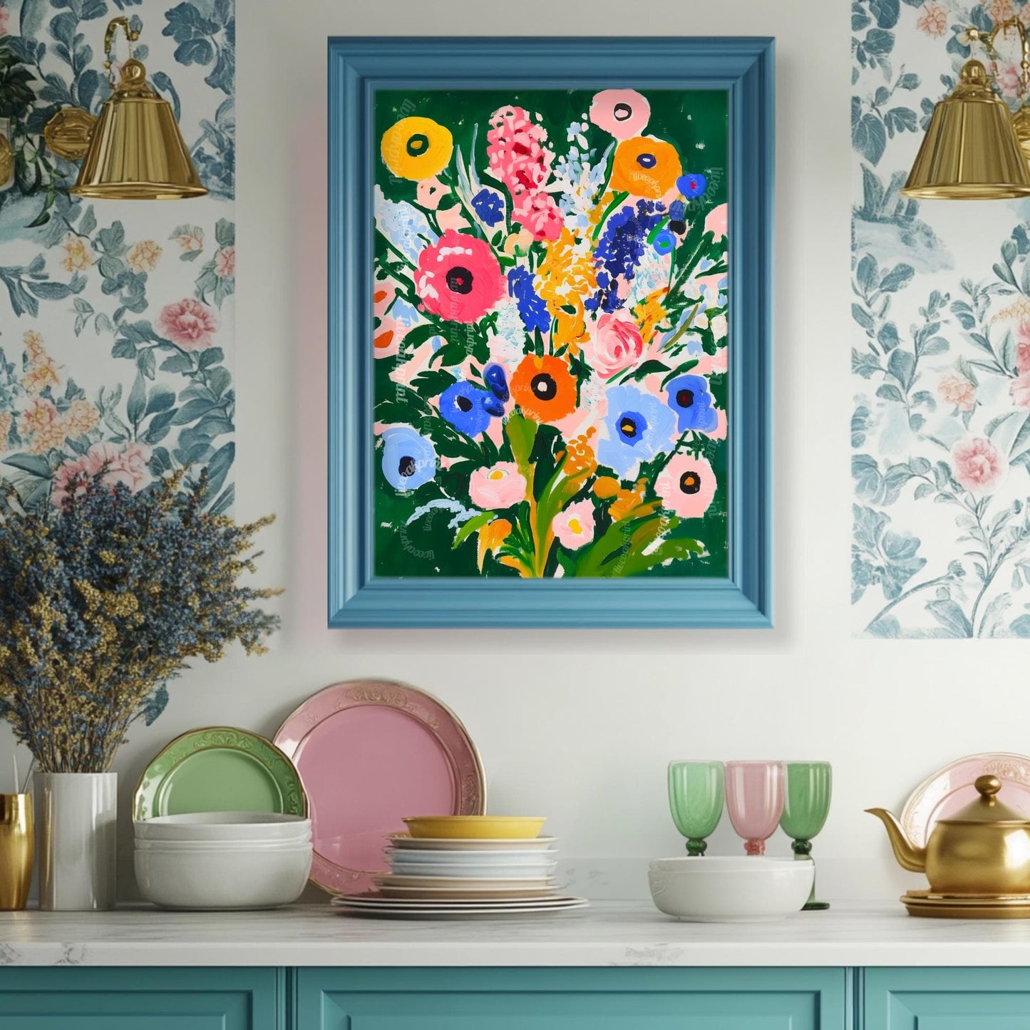 Moody Green Floral Wall Art – Colorful Cottagecore Wildflower Print in Pink Blue Yellow & Orange – Bold Botanical Art for Maximalist Decor