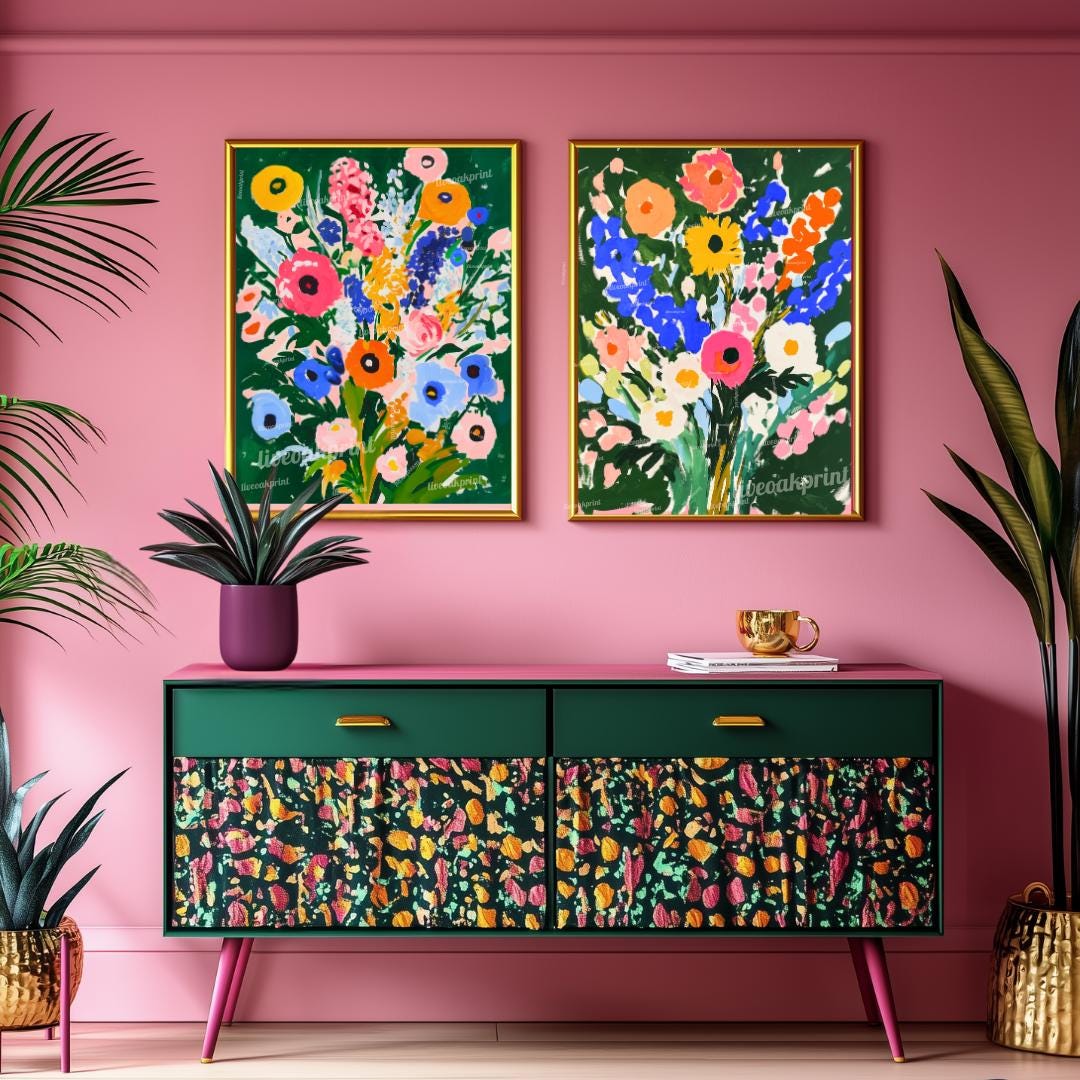 Green Floral Art Print Set of 2 – Bold Colorful Flower Wall Art, Botanical Maximalist Decor, Modern Cottagecore Bedroom or Gallery Wall