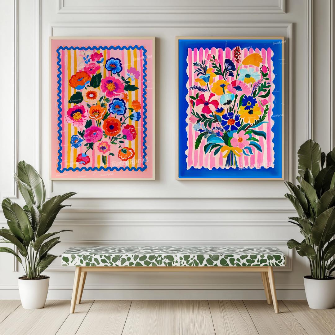 Bright Maximalist Floral Wall Art Set – Colorful Pink and Blue Flowers with Striped Borders – Eclectic Botanical Prints for Bold Home Decor