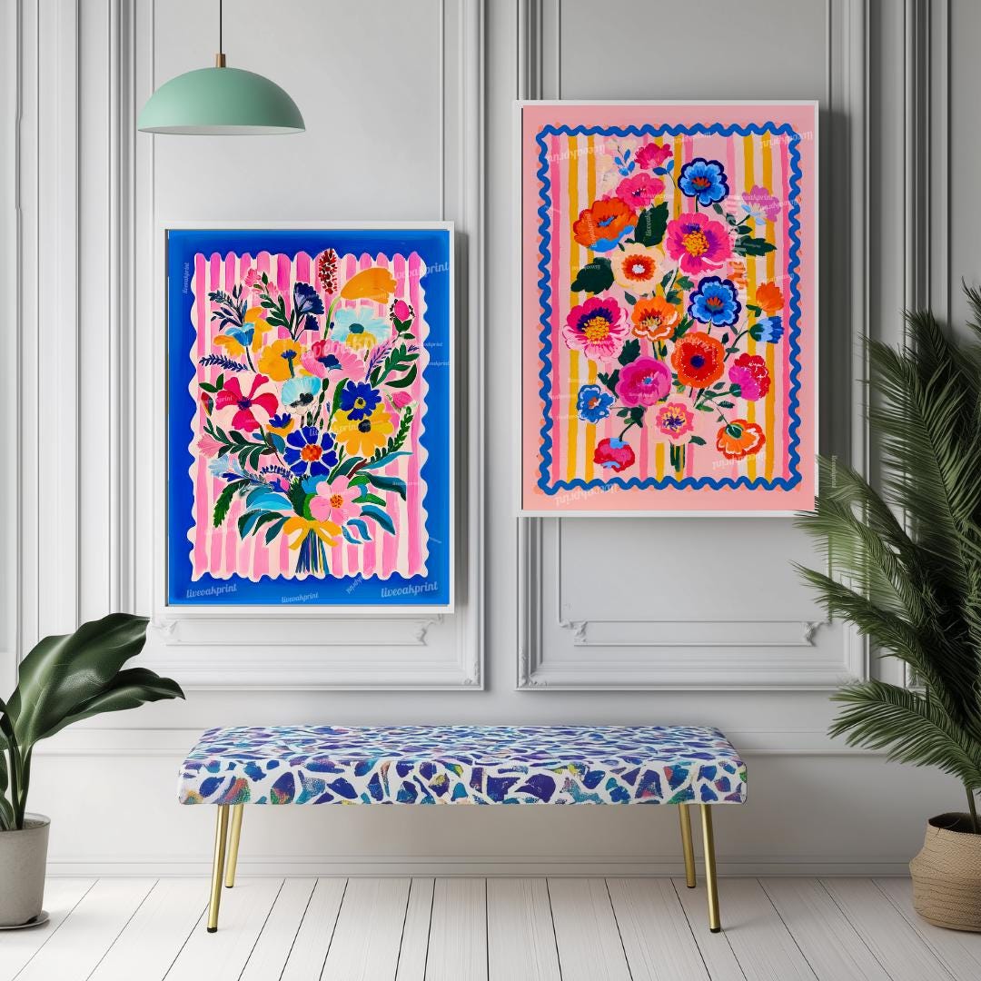 Bright Maximalist Floral Wall Art Set – Colorful Pink and Blue Flowers with Striped Borders – Eclectic Botanical Prints for Bold Home Decor