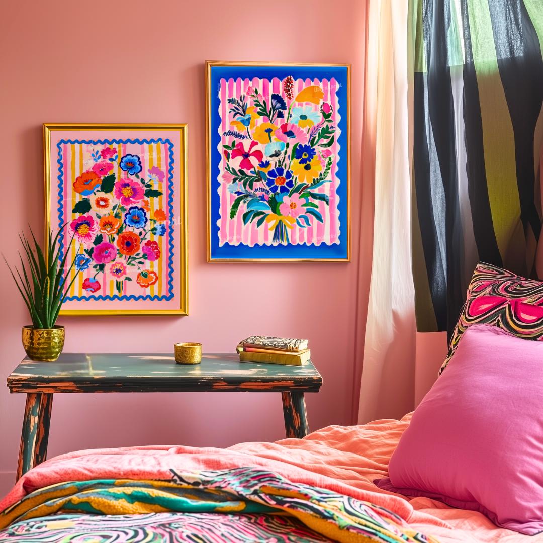 Bright Maximalist Floral Wall Art Set – Colorful Pink and Blue Flowers with Striped Borders – Eclectic Botanical Prints for Bold Home Decor