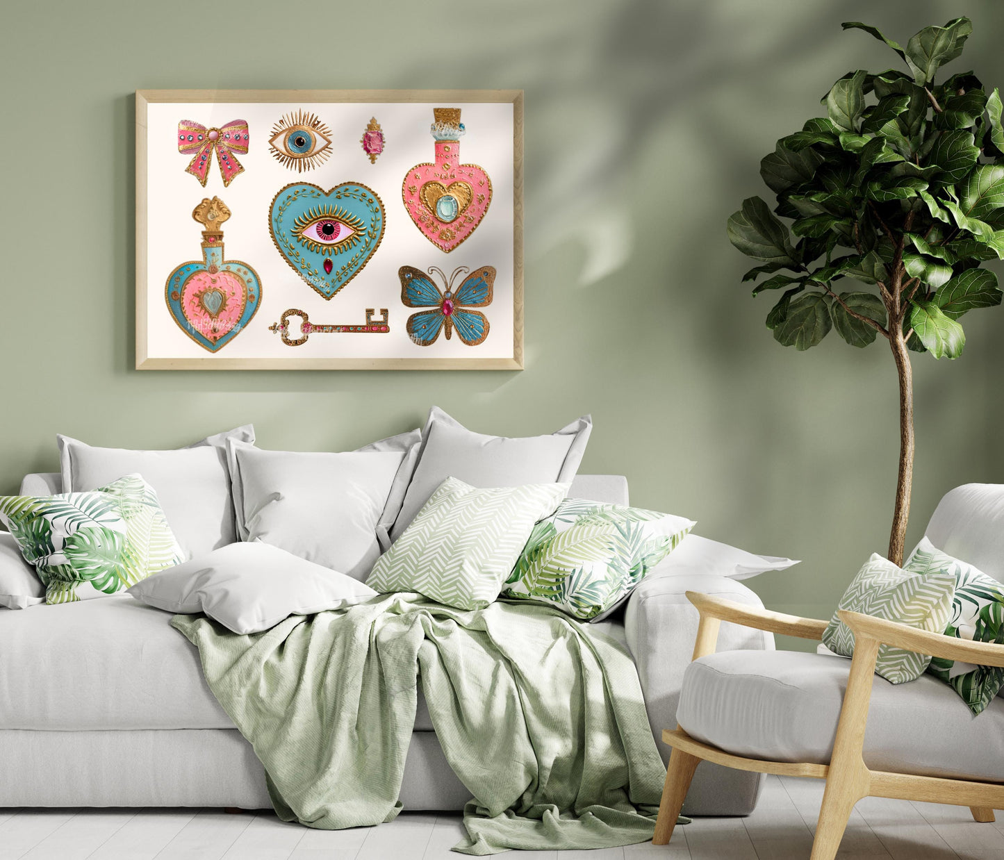 Horizontal Surrealist Art Print – Pink and Blue Heart Eye Wall Art Jeweled Trinket Collage Butterfly Bow Art Maximalist Coquette Aesthetic