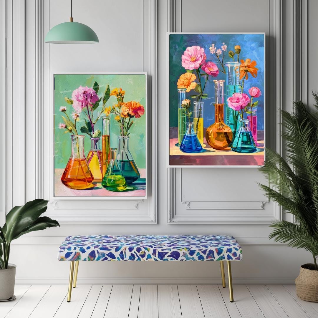 Colorful Science Beaker Flower Art Prints – Set of 2 |Botanical Chemistry Wall Art Bright Floral Laboratory Decor STEM-Inspired Wall Art