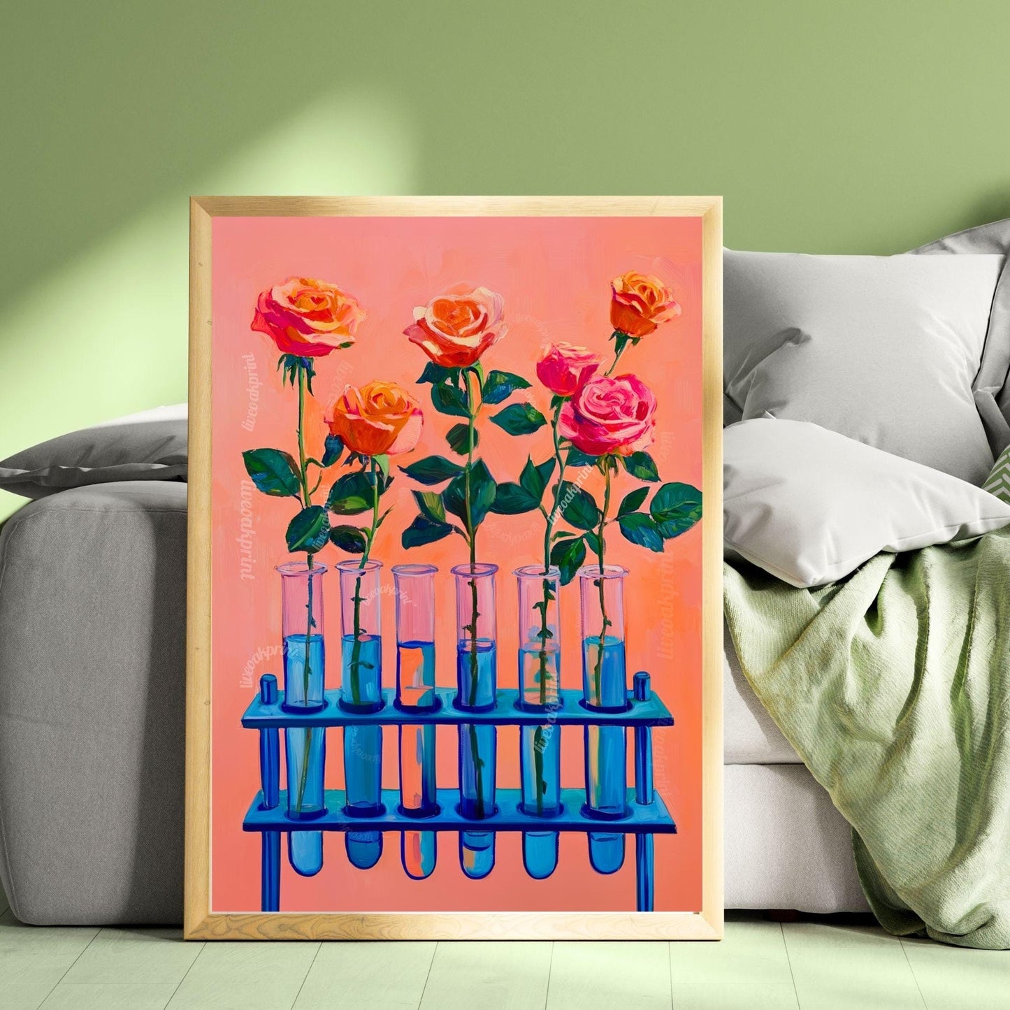 Roses in Test Tubes Art Print – Pink Floral Science Wall Art for Plant Lovers, Teachers, Scientists, Whimsical Botanical Home Decor