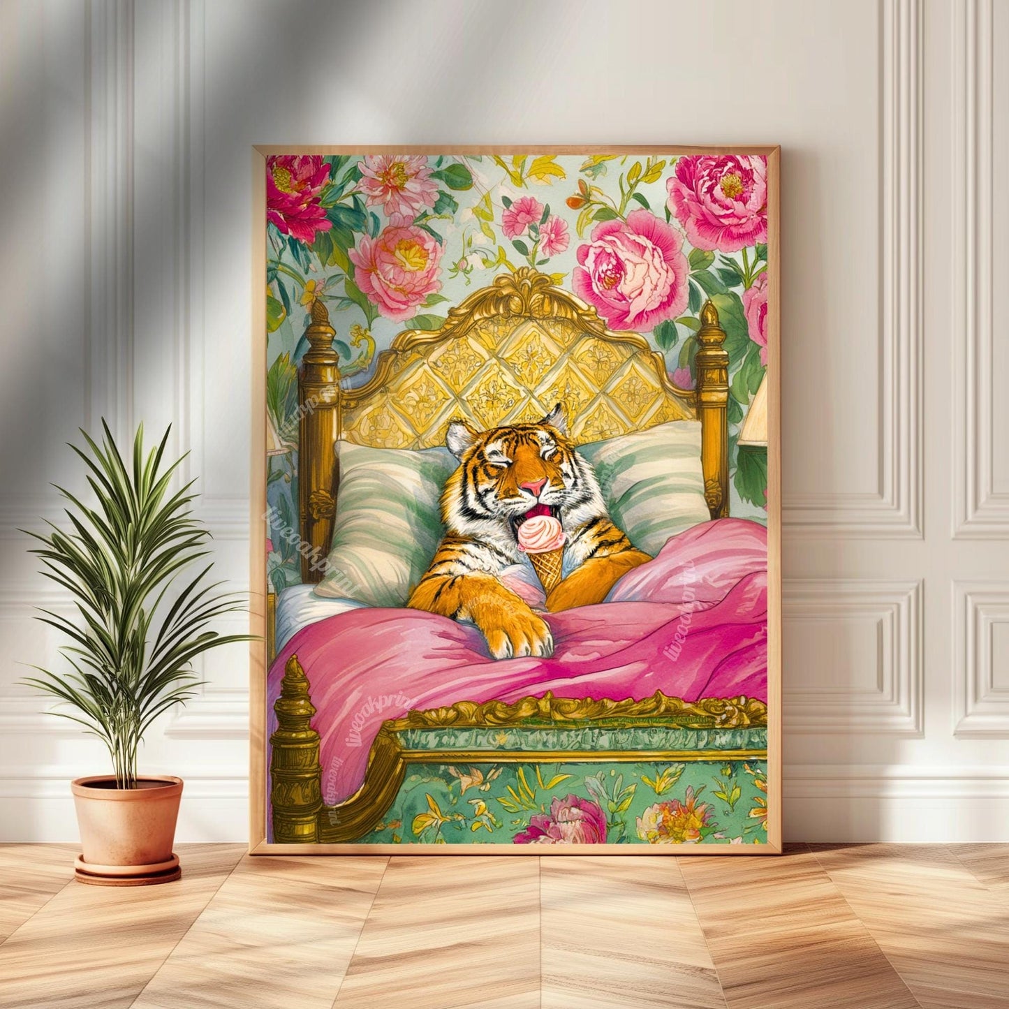 Tiger Loves Ice Cream in Bed & I Can't Blame Her - Tiger Wall Art Maximalist Bedroom Decor Luxury Wall Art Dessert Wall Decor Tiger