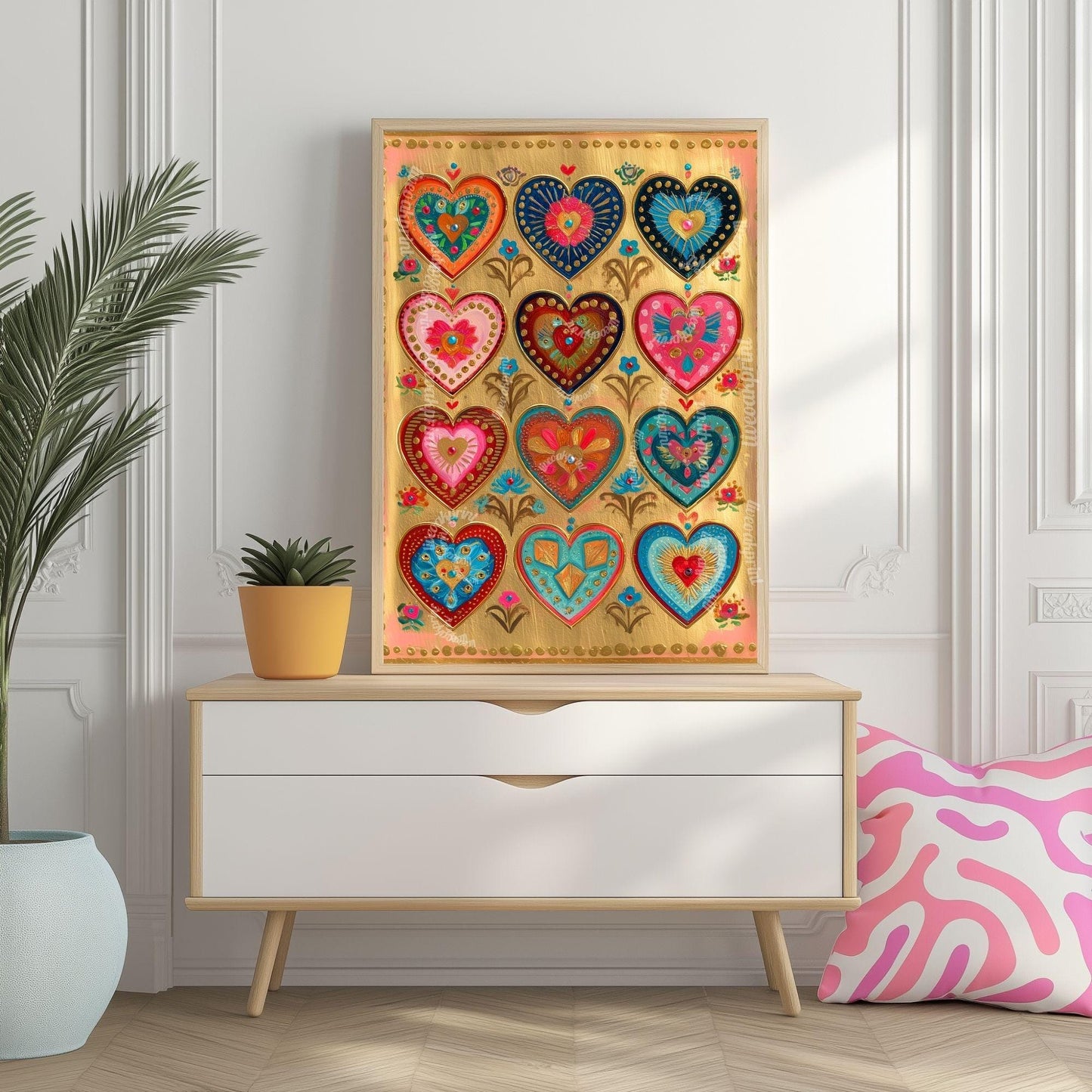 Folk Art Heart Wall Print – Colorful Sacred Hearts Artwork, Boho Gold Wall Art for Bedroom or Gallery Wall, Whimsical Romantic Decor