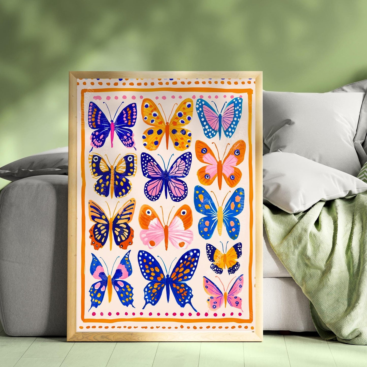 Orange Blue and Pink Butterflies Art Print – Boho Butterfly Print Whimsical Nature Decor Colorful Art Maximalist Gallery Wall Bedroom Decor