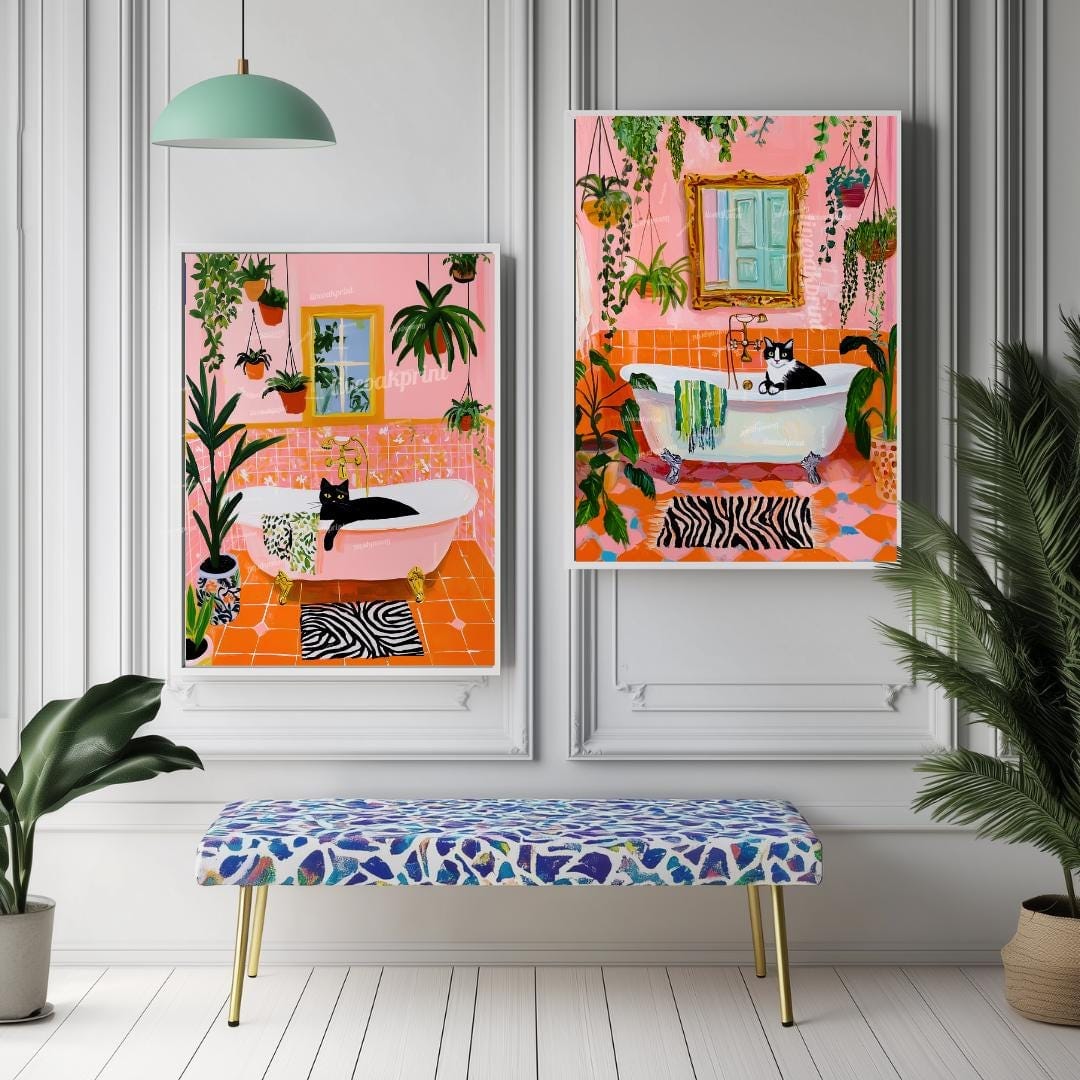Cat in Bathtub Wall Art Set – Black Cat and Tuxedo Cat Art Whimsical Cat Lover Gift for Boho, Maximalist, or Eclectic Decor Orange and Pink