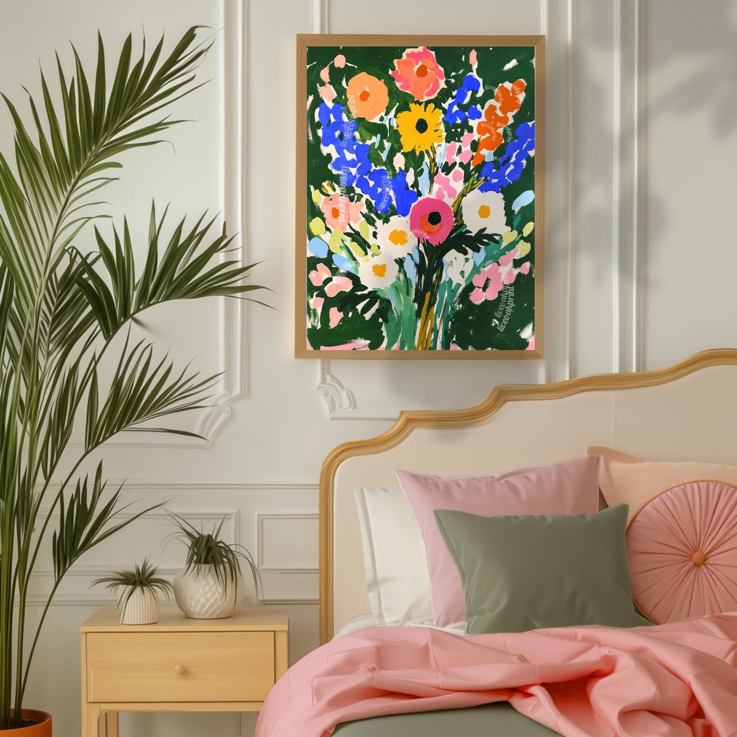 Bold Green Floral Wall Art Print – Vibrant Colorful Bouquet Poster, Cottagecore Maximalist Botanical Decor, Bright Flower Art for Bedroom