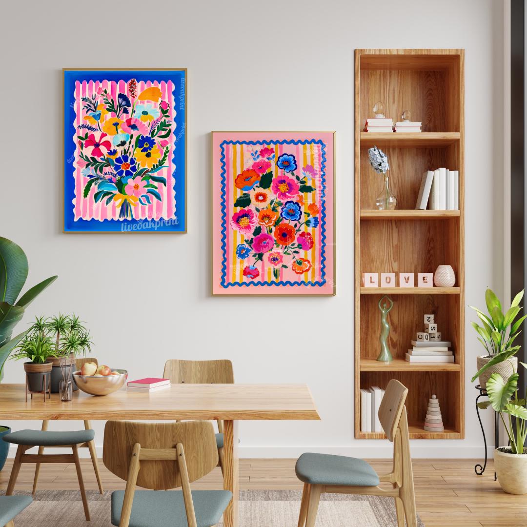 Bright Maximalist Floral Wall Art Set – Colorful Pink and Blue Flowers with Striped Borders – Eclectic Botanical Prints for Bold Home Decor
