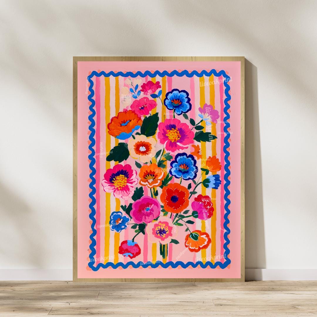 Bright Maximalist Floral Wall Art Set – Colorful Pink and Blue Flowers with Striped Borders – Eclectic Botanical Prints for Bold Home Decor