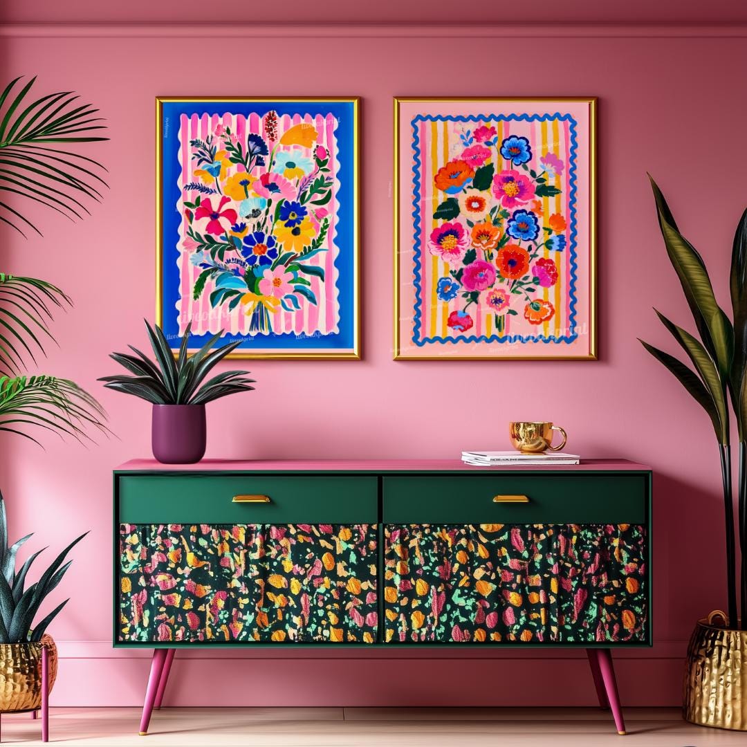 Bright Maximalist Floral Wall Art Set – Colorful Pink and Blue Flowers with Striped Borders – Eclectic Botanical Prints for Bold Home Decor