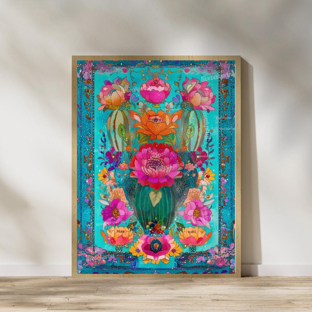Set of Two Turquoise Mexican Cactus Wall Art – Folk-Style Desert Print Colorful Pink & Blue Maximalist Décor for Southwestern Boho Homes