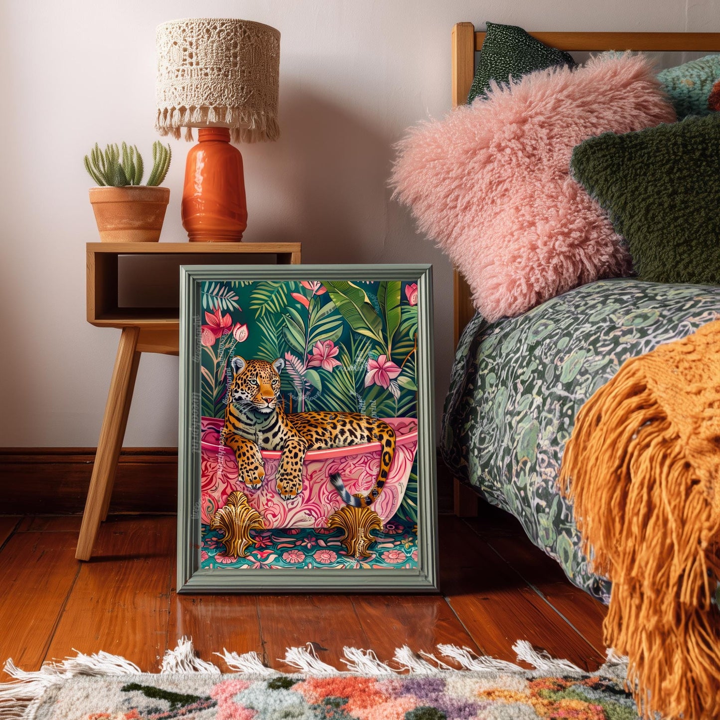 Leopard in a Bathtub Print – Maximalist Bathroom Wall Art Tropical Animal Print Pink and Green Bathroom Decor Jungle Dopamine Bathroom Decor