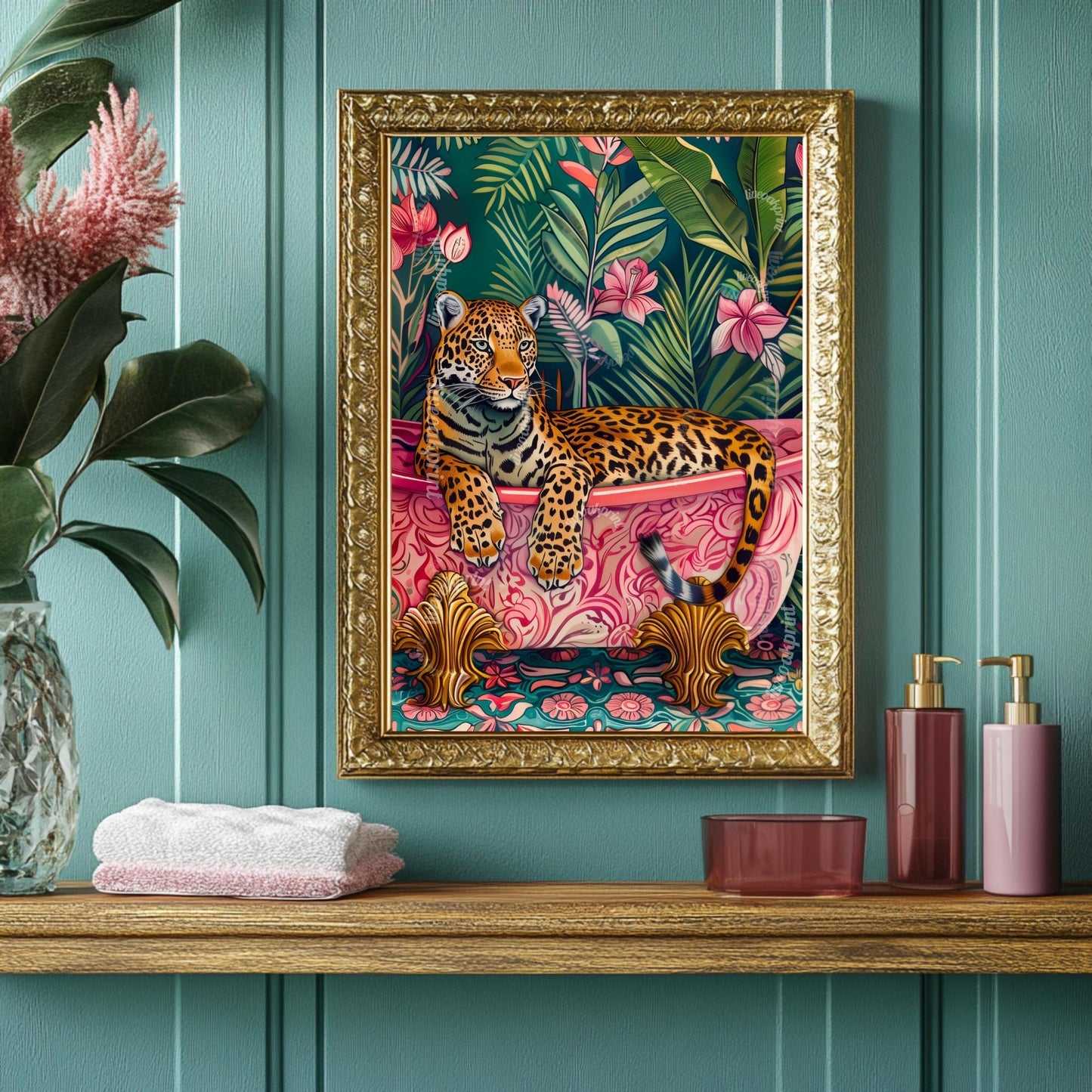 Leopard in a Bathtub Print – Maximalist Bathroom Wall Art Tropical Animal Print Pink and Green Bathroom Decor Jungle Dopamine Bathroom Decor
